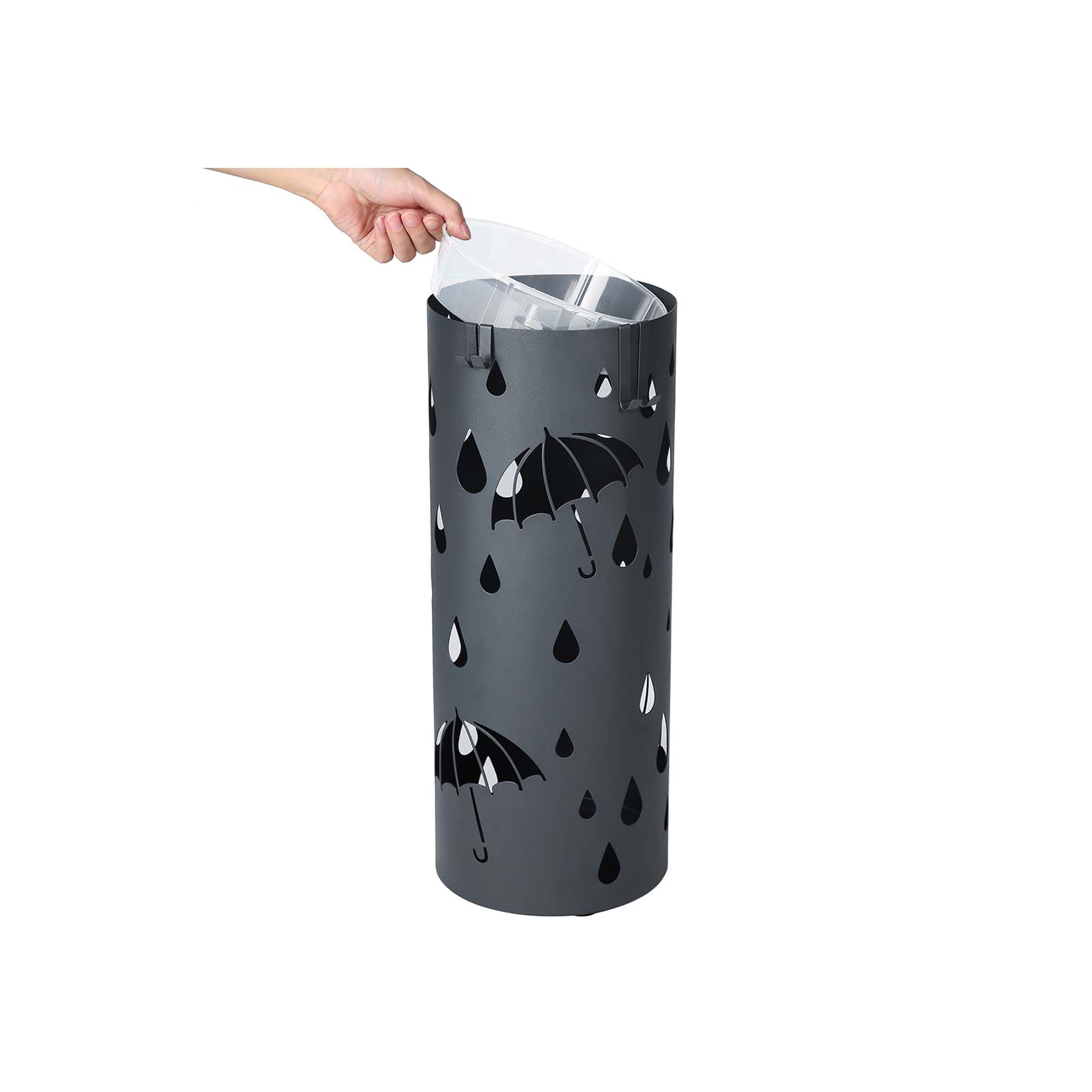 Paraplystativ i metal, paraplyholder med vandbakke og kroge, 19,5 x 49 cm (diameter x højde), rund, mat antracitgrå - Billede 2