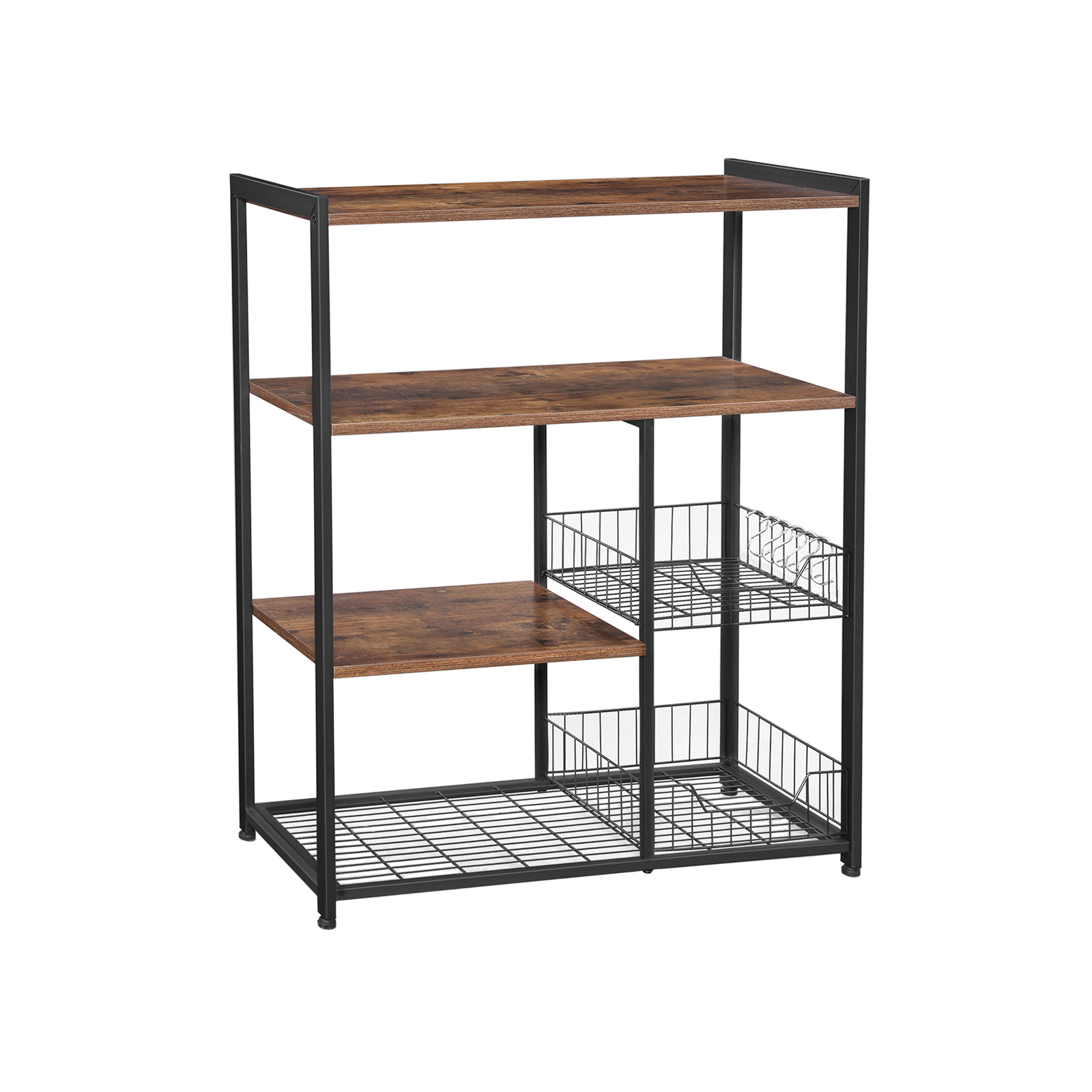 Bagerreol, køkkenø med 2 metalnetkurve, hylder og kroge, 80 x 35 x 95 cm, industriel stil, rustik brun