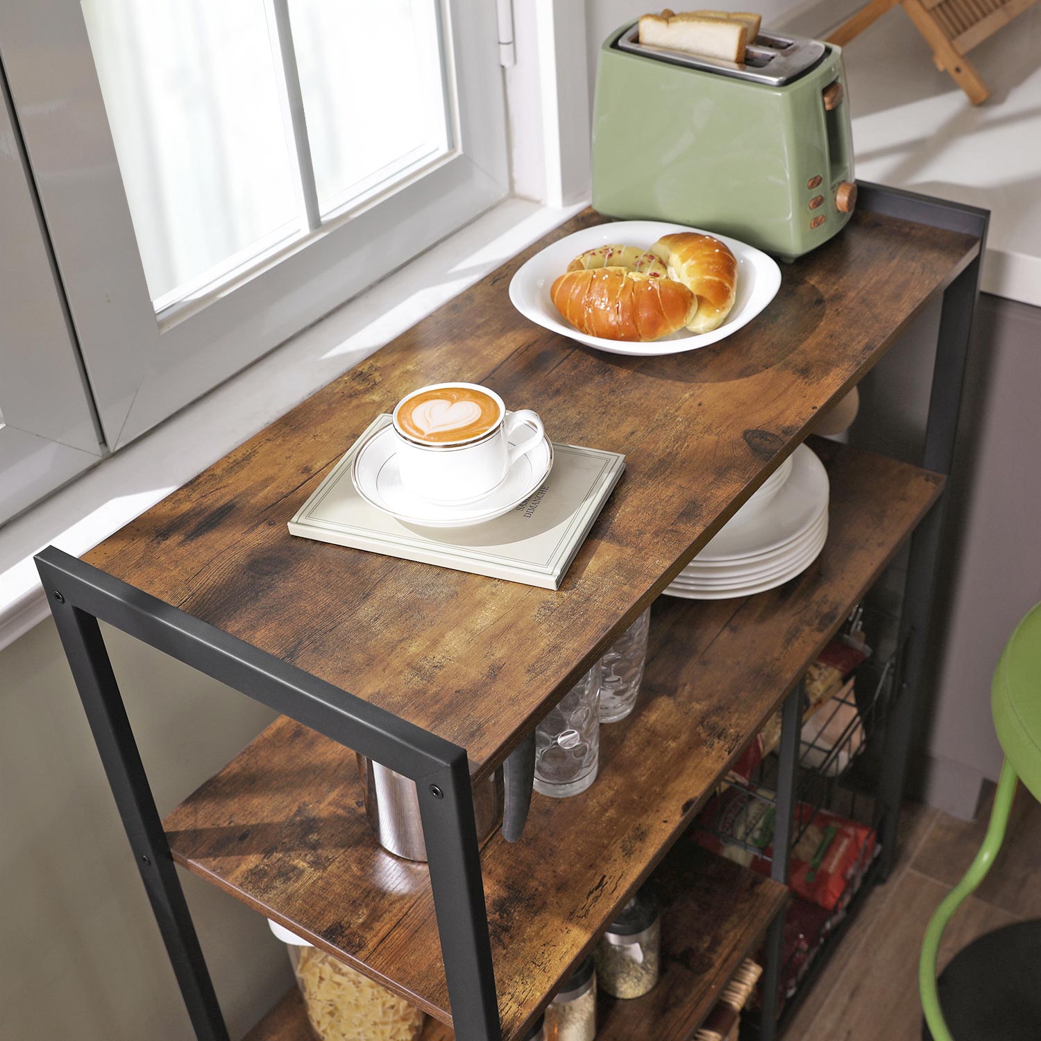 Bagerreol, køkkenø med 2 metalnetkurve, hylder og kroge, 80 x 35 x 95 cm, industriel stil, rustik brun - Billede 4