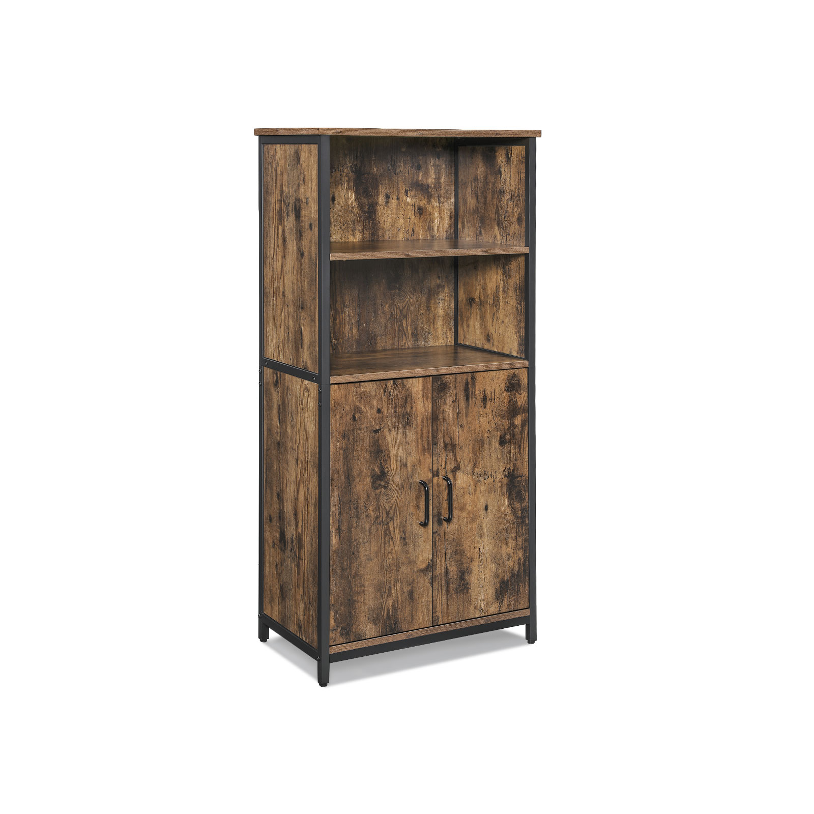 Floor Standing Cabinet, Storage Cabinet, Kitchen Cupboard with 2 Open Compartments, 1 Adjustable Shelf Behind Doors, Multifunctional, Industrial Style, Rustic Brown and Black LSC66BX
