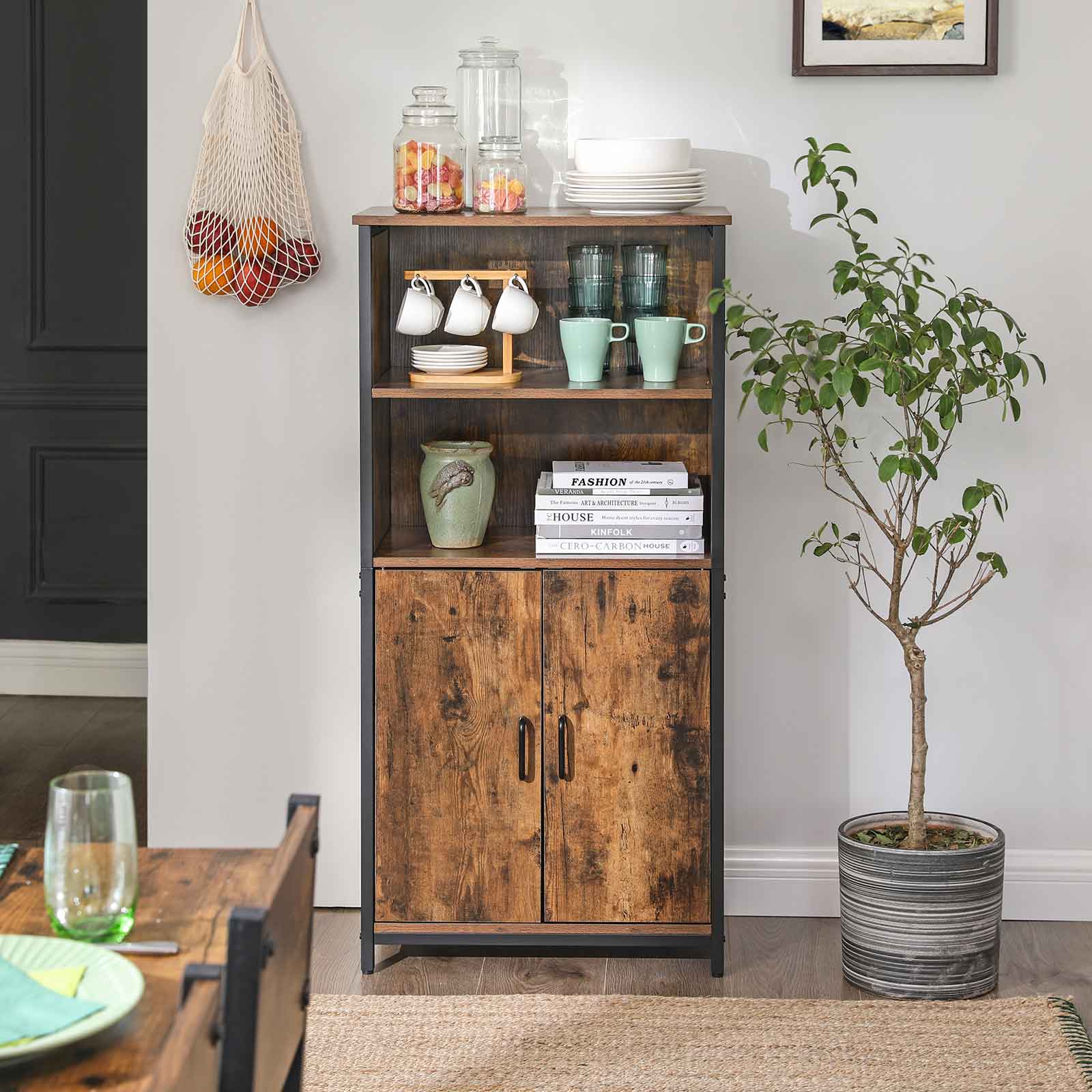 Floor Standing Cabinet, Storage Cabinet, Kitchen Cupboard with 2 Open Compartments, 1 Adjustable Shelf Behind Doors, Multifunctional, Industrial Style, Rustic Brown and Black LSC66BX - Image 2