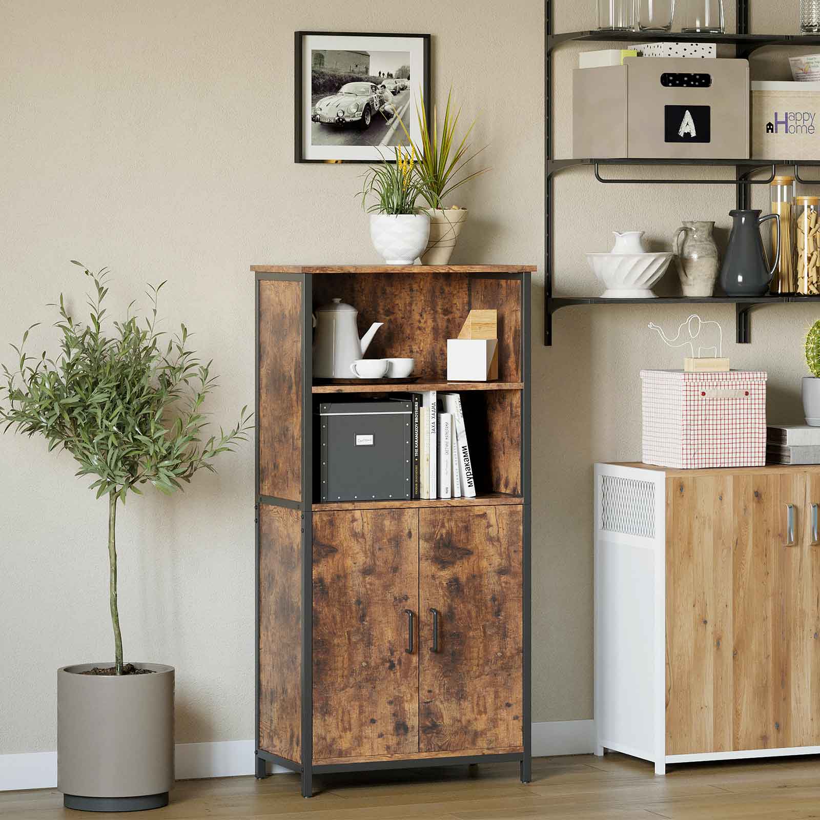 Floor Standing Cabinet, Storage Cabinet, Kitchen Cupboard with 2 Open Compartments, 1 Adjustable Shelf Behind Doors, Multifunctional, Industrial Style, Rustic Brown and Black LSC66BX - Image 3
