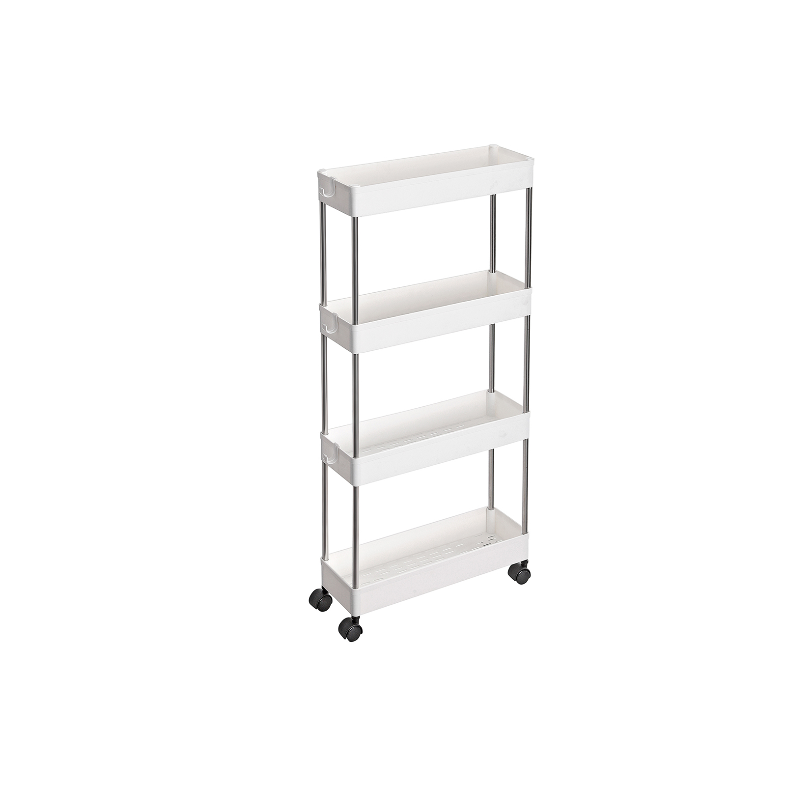 4-Tier Storage Trolley on Wheels, Plastic Storage Unit, Space-Saving Shelving Organiser for Small Spaces, Bathroom Kitchen, 40 x 12.5 x 88 cm, White KSC08WT