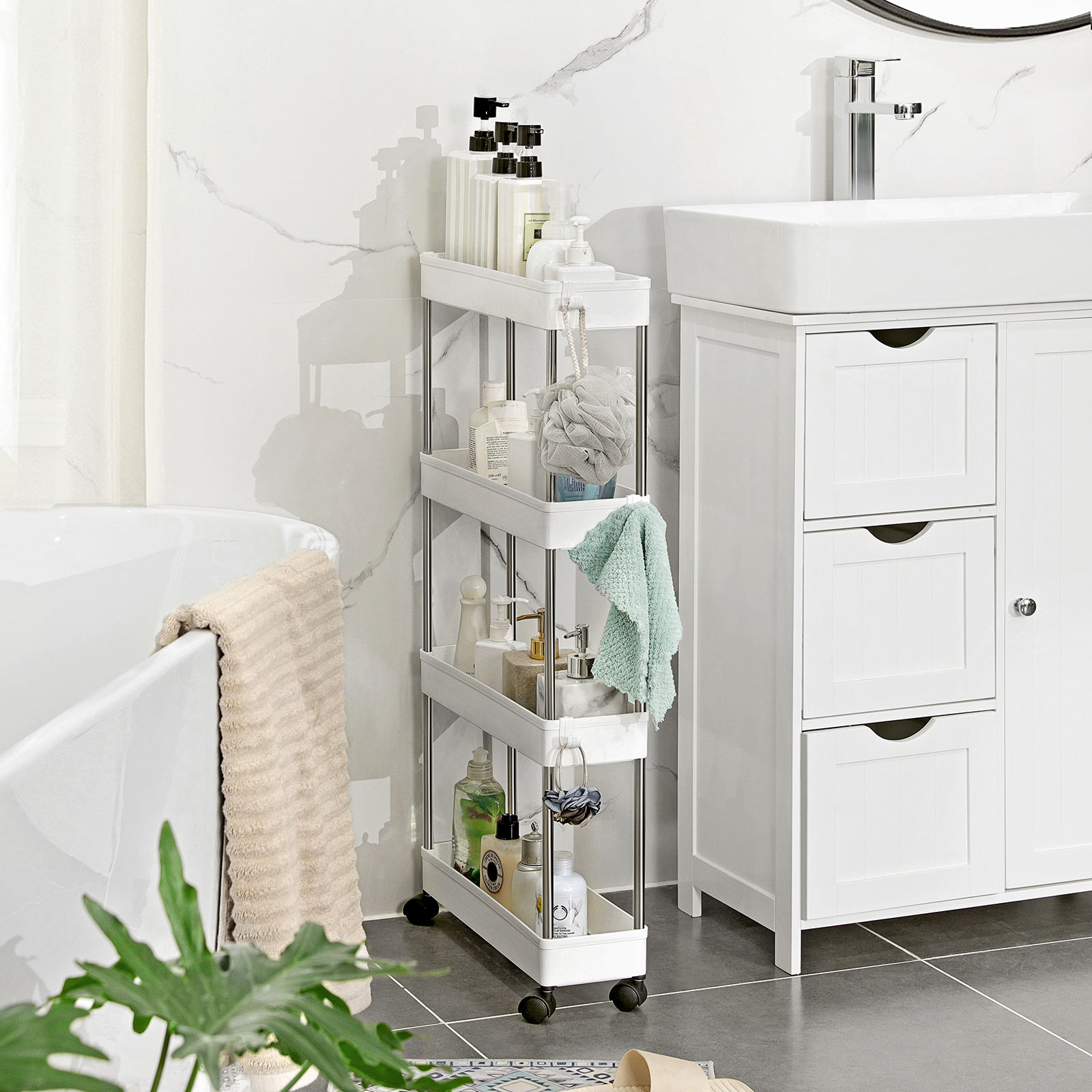4-Tier Storage Trolley on Wheels, Plastic Storage Unit, Space-Saving Shelving Organiser for Small Spaces, Bathroom Kitchen, 40 x 12.5 x 88 cm, White KSC08WT - Image 3