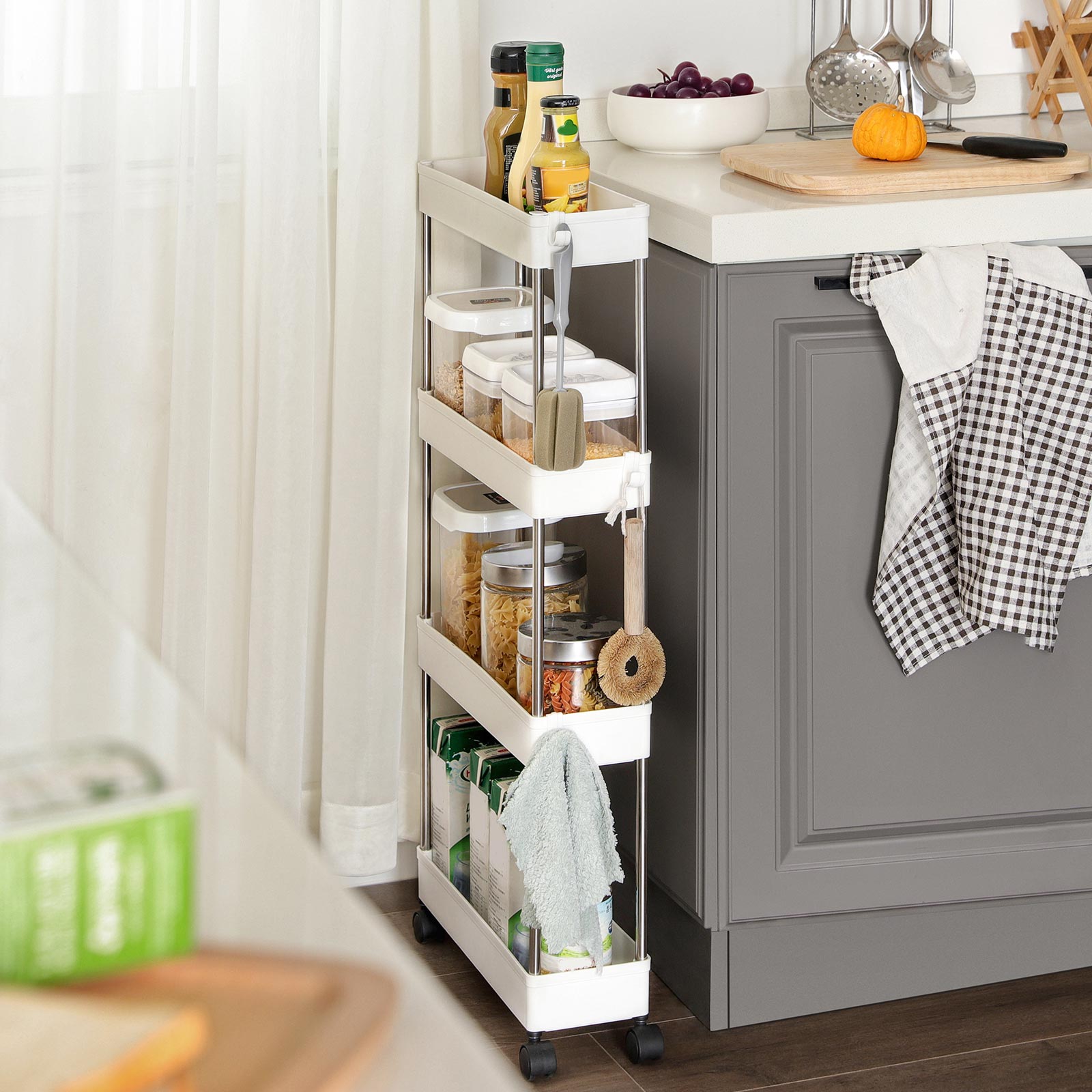 4-Tier Storage Trolley on Wheels, Plastic Storage Unit, Space-Saving Shelving Organiser for Small Spaces, Bathroom Kitchen, 40 x 12.5 x 88 cm, White KSC08WT - Image 2