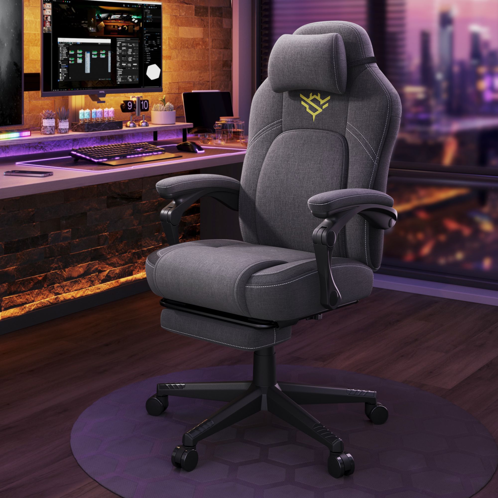 Height-adjustable gaming chair with footrest and headrest cushion dove grey - Image 2