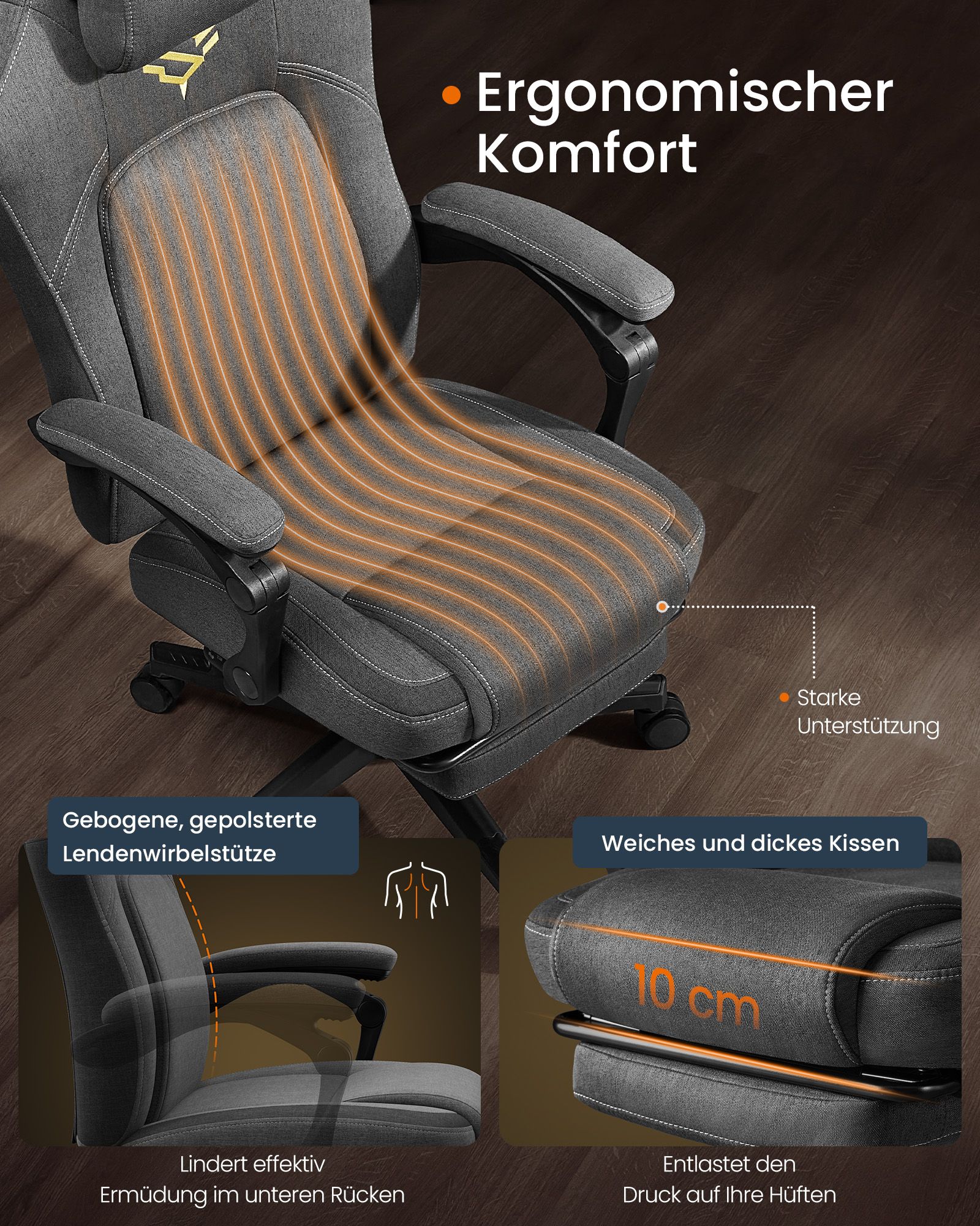 Height-adjustable gaming chair with footrest and headrest cushion dove grey - Image 3