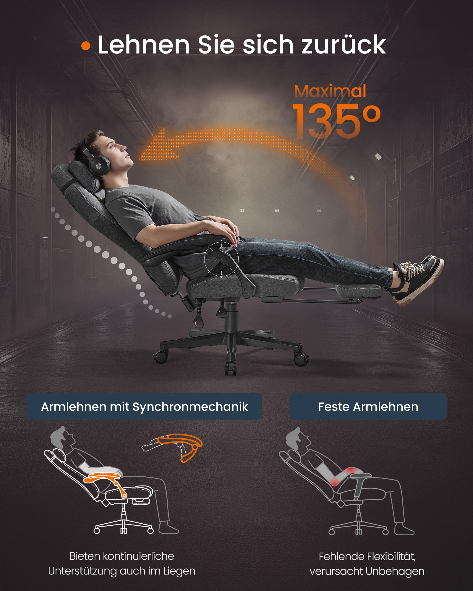Height-adjustable gaming chair with footrest and headrest cushion dove grey - Image 4