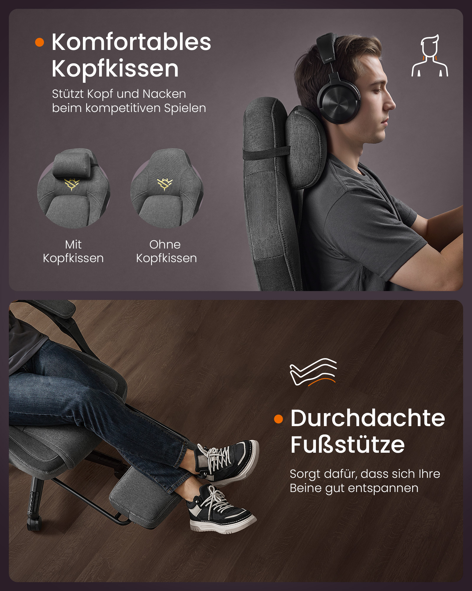 Height-adjustable gaming chair with footrest and headrest cushion dove grey - Image 5