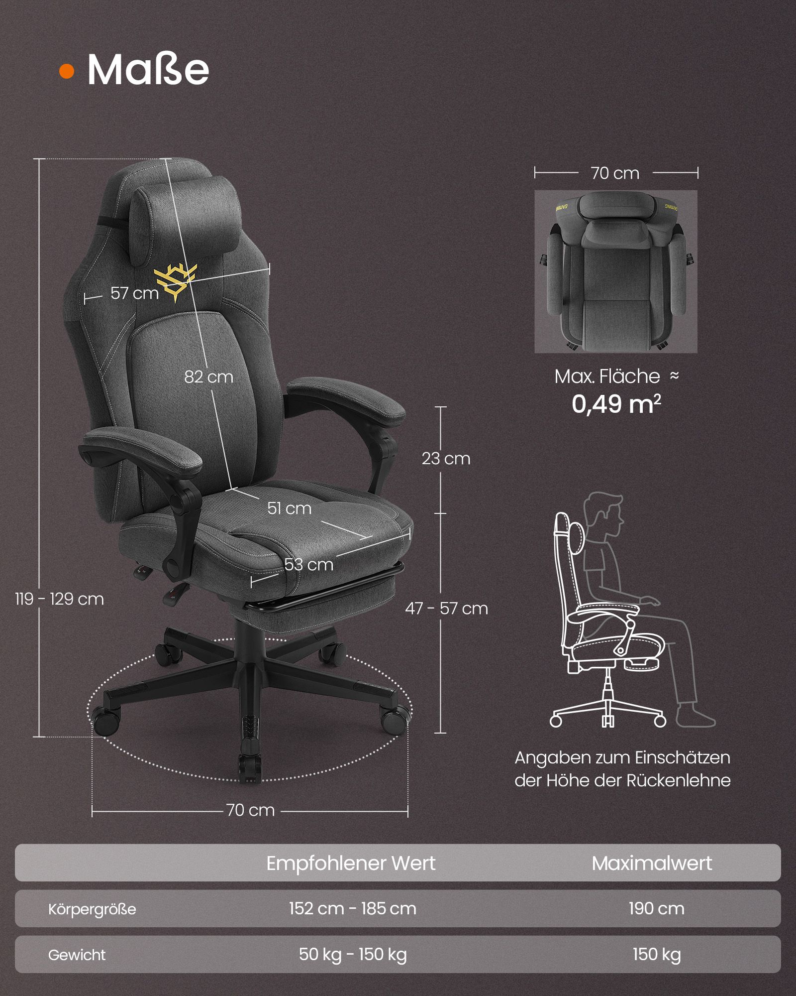 Height-adjustable gaming chair with footrest and headrest cushion dove grey - Image 6