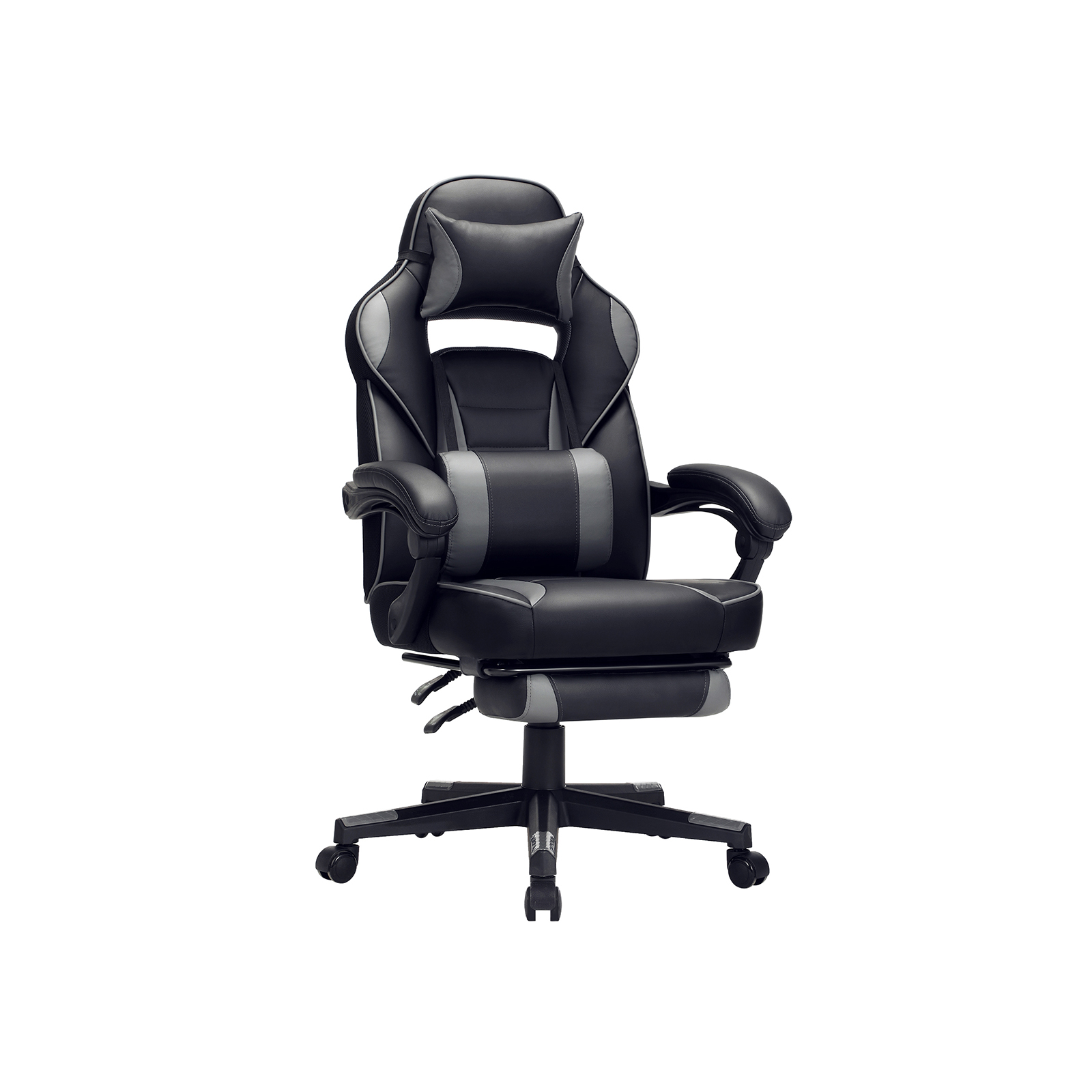 Gamingstol Skrivebordsstol med fodstøtte, kontorstol med nakkestøtte og lændepude, højdejusterbar, ergonomisk, 90-135° vippevinkel, belastning 150 kg Sort + grå