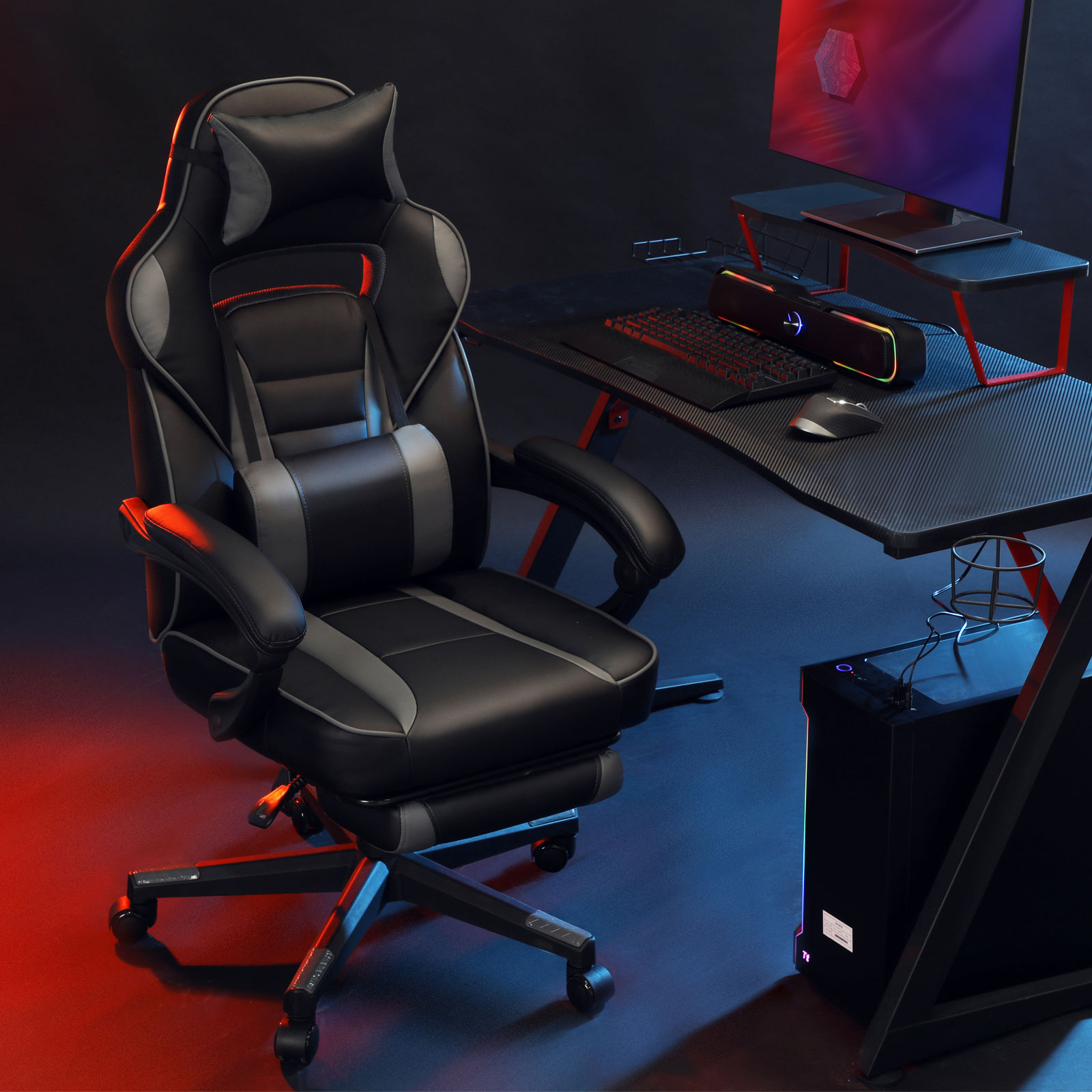 Gamingstol Skrivebordsstol med fodstøtte, kontorstol med nakkestøtte og lændepude, højdejusterbar, ergonomisk, 90-135° vippevinkel, belastning 150 kg Sort + grå - Billede 2
