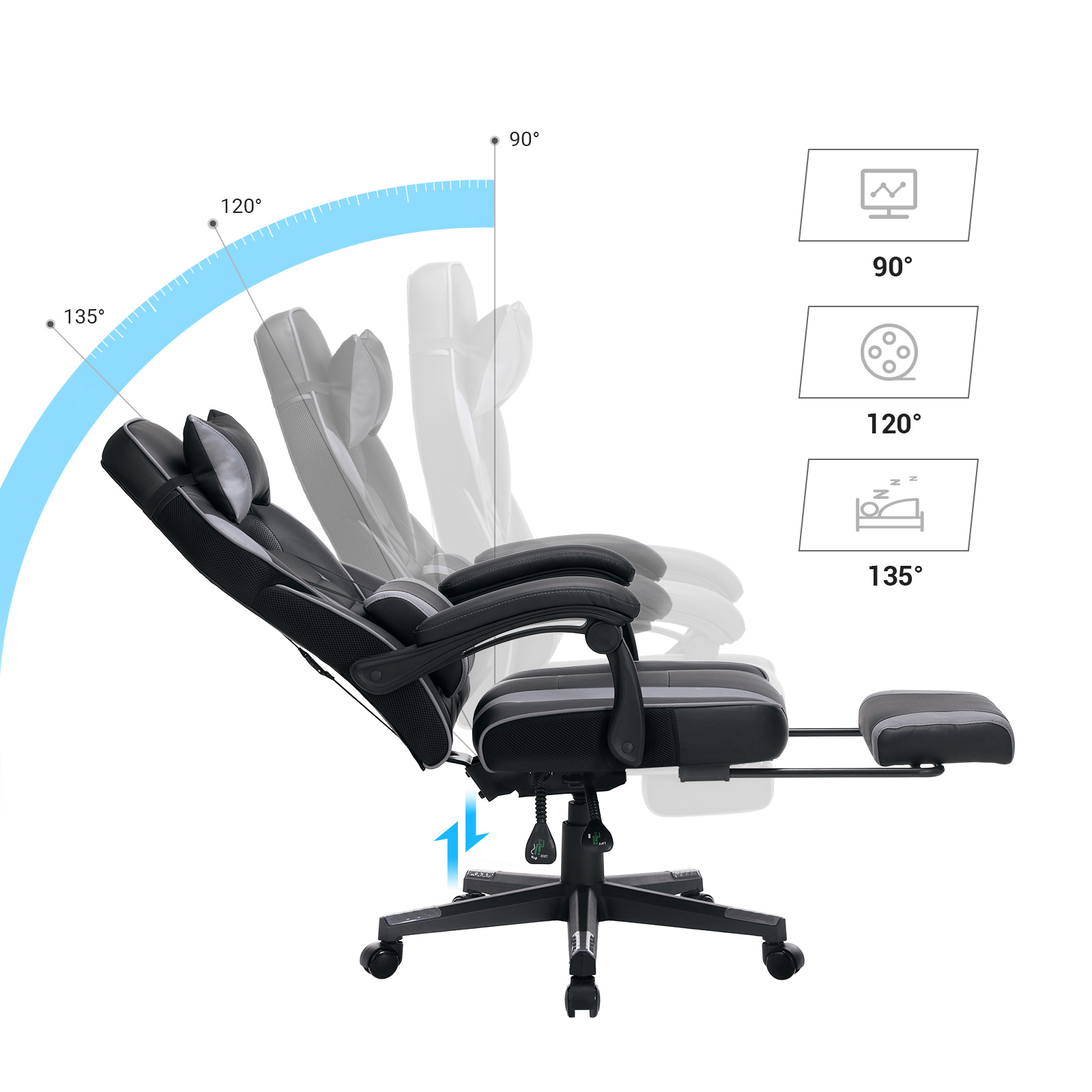 Gamingstol Skrivebordsstol med fodstøtte, kontorstol med nakkestøtte og lændepude, højdejusterbar, ergonomisk, 90-135° vippevinkel, belastning 150 kg Sort + grå - Billede 4