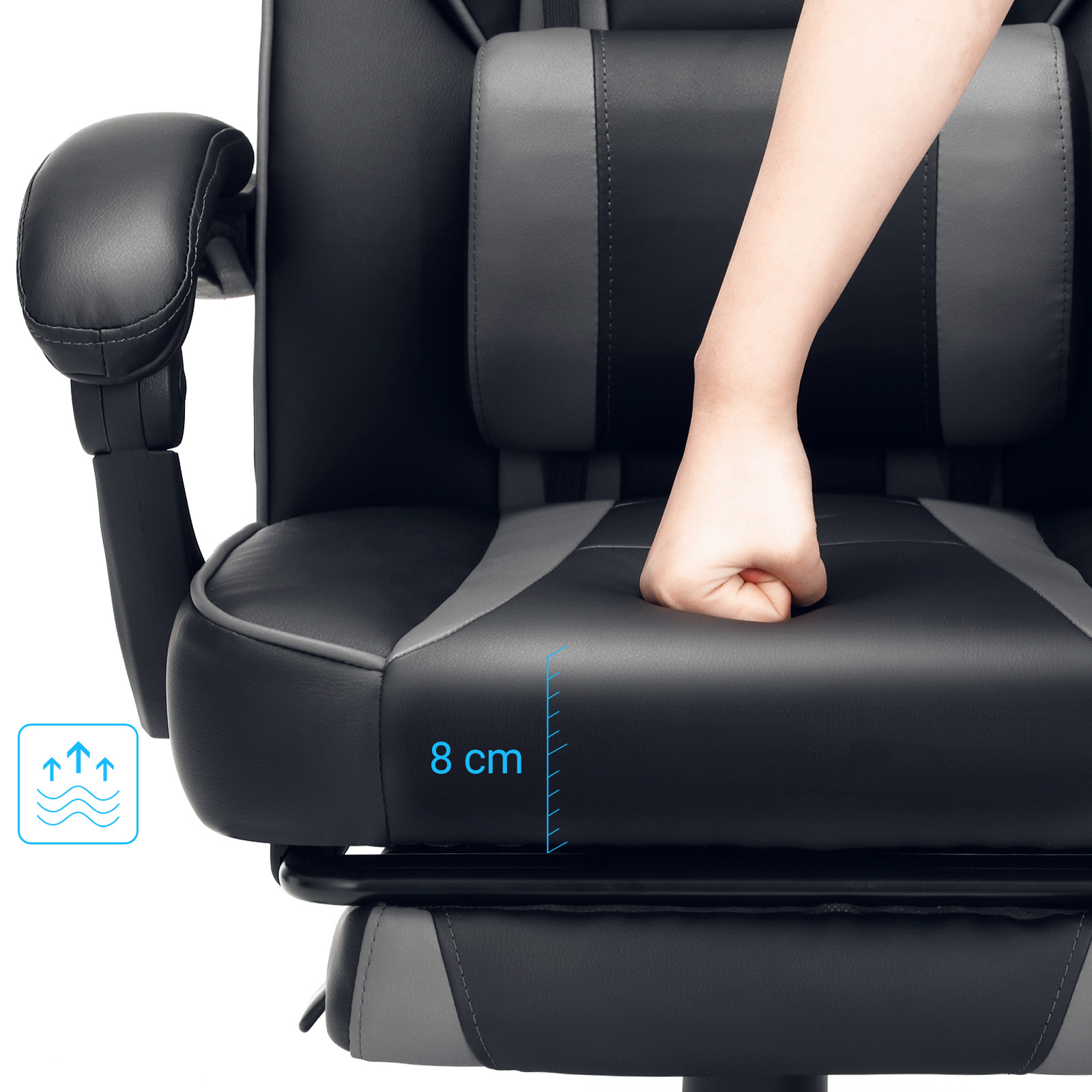 Gamingstol Skrivebordsstol med fodstøtte, kontorstol med nakkestøtte og lændepude, højdejusterbar, ergonomisk, 90-135° vippevinkel, belastning 150 kg Sort + grå - Billede 6
