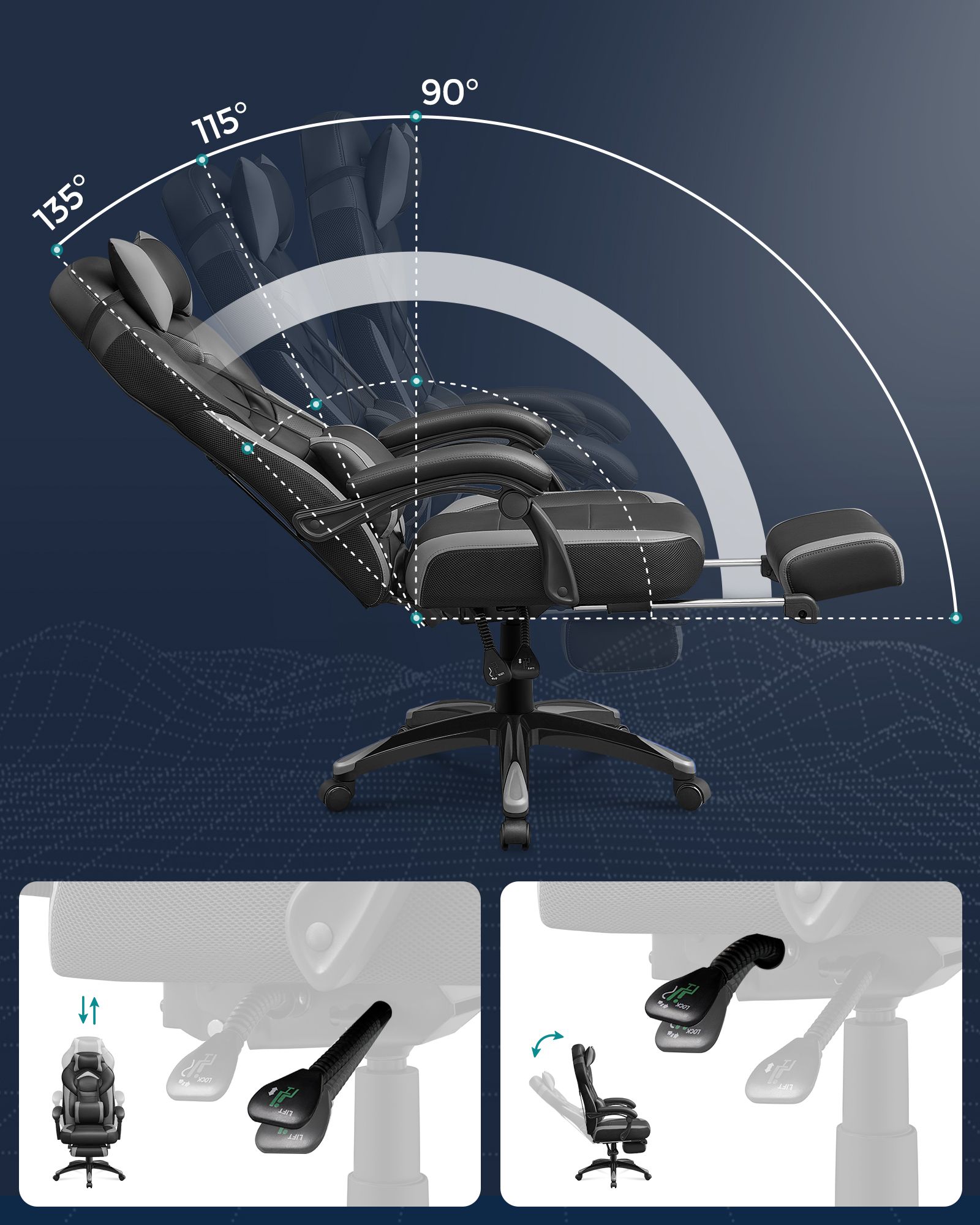 Gaming Chair, Office Racing Chair with Footrest, Ergonomic Design, Adjustable Headrest, Lumbar Support, 150 kg Weight Capacity, Black and Grey OBG77BG - Image 4