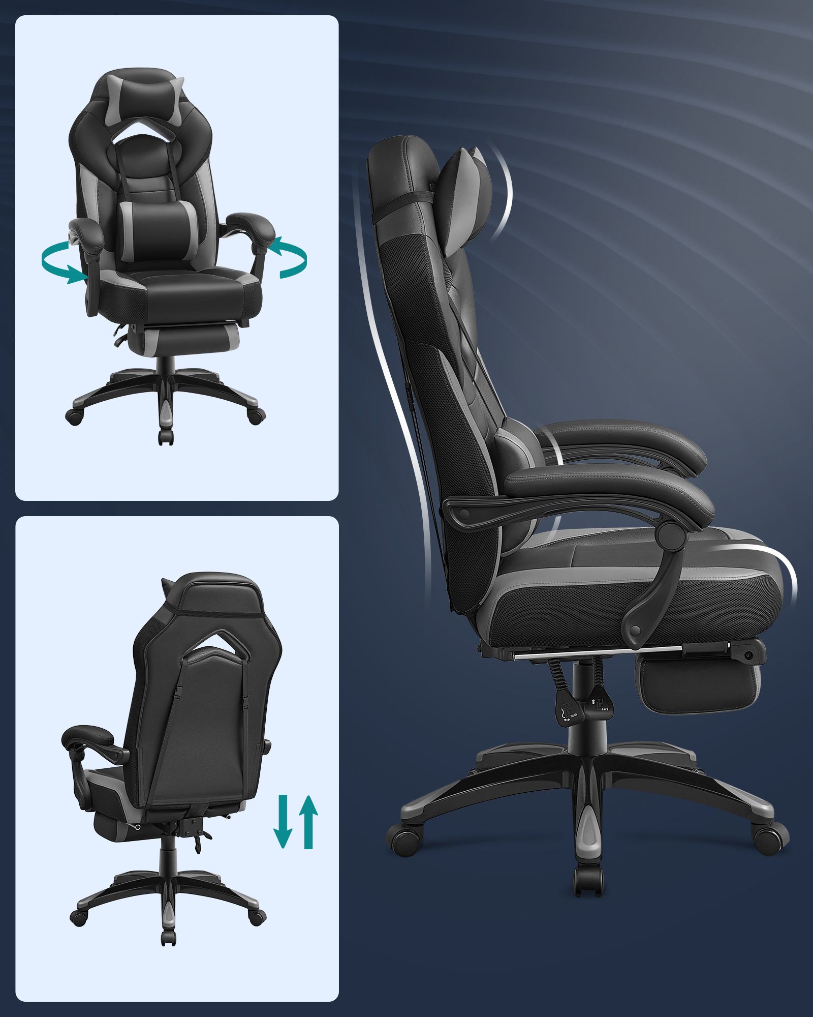 Gaming Chair, Office Racing Chair with Footrest, Ergonomic Design, Adjustable Headrest, Lumbar Support, 150 kg Weight Capacity, Black and Grey OBG77BG - Image 5