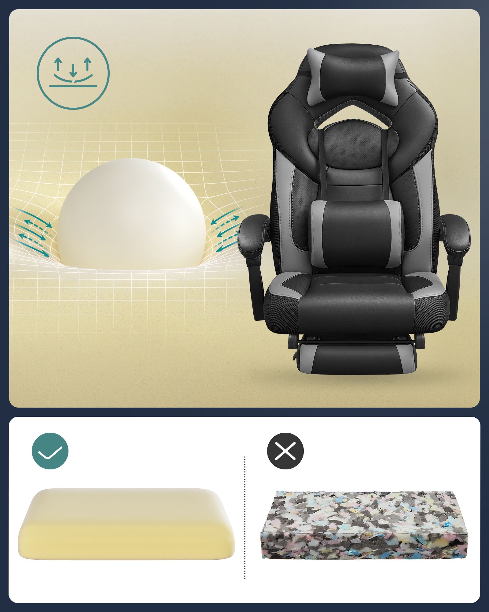 Gaming Chair, Office Racing Chair with Footrest, Ergonomic Design, Adjustable Headrest, Lumbar Support, 150 kg Weight Capacity, Black and Grey OBG77BG - Image 6
