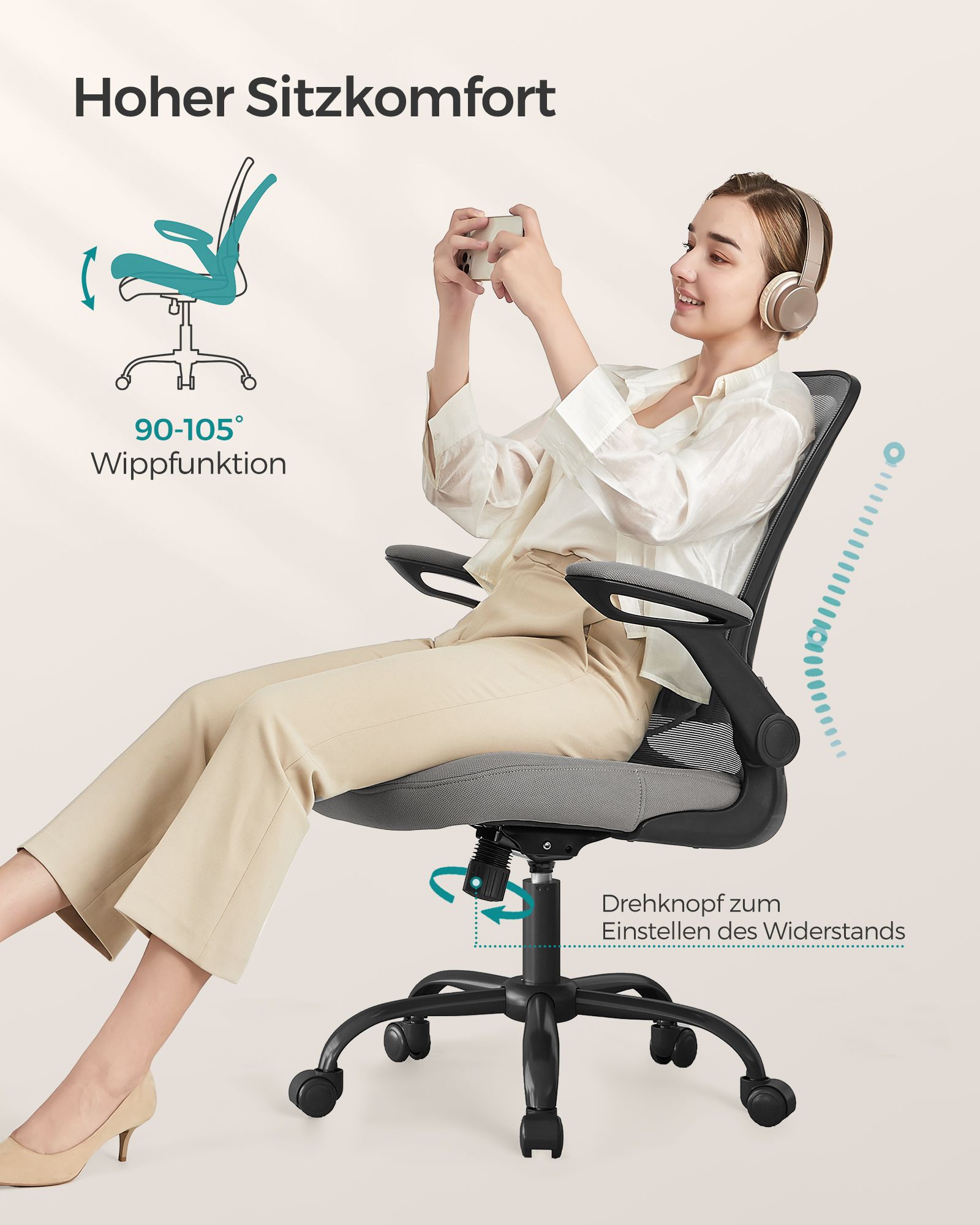 Office chair ergonomic rocking function armrests dove grey - Image 4