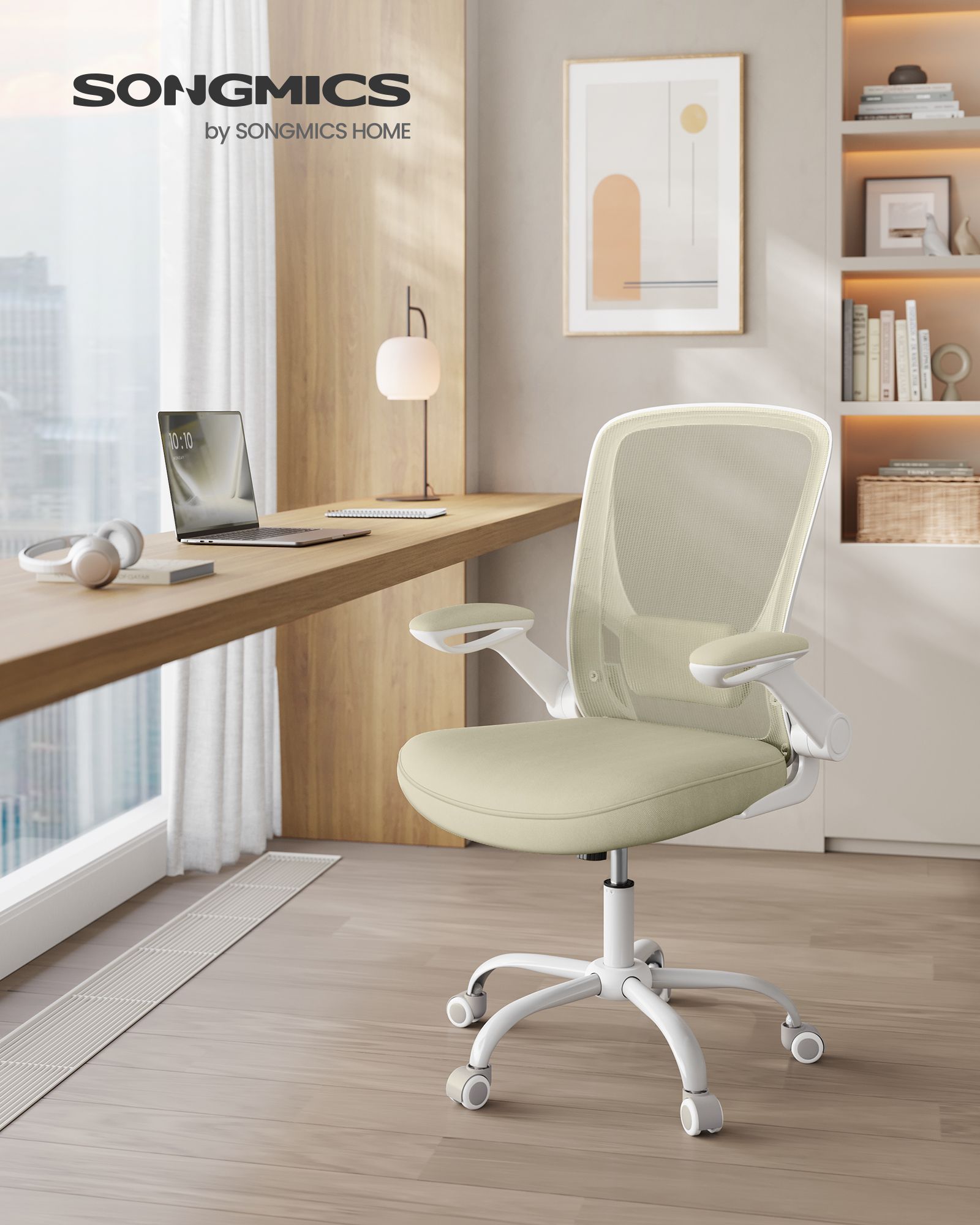 Silla de Oficina, Silla de Escritorio de Malla, Silla de Ordenador Ergonómica, Soporte Lumbar, Oscilante, Anchura de Asiento 53 cm, Apoyabrazos Abatibles, Beige Avena - Image 2