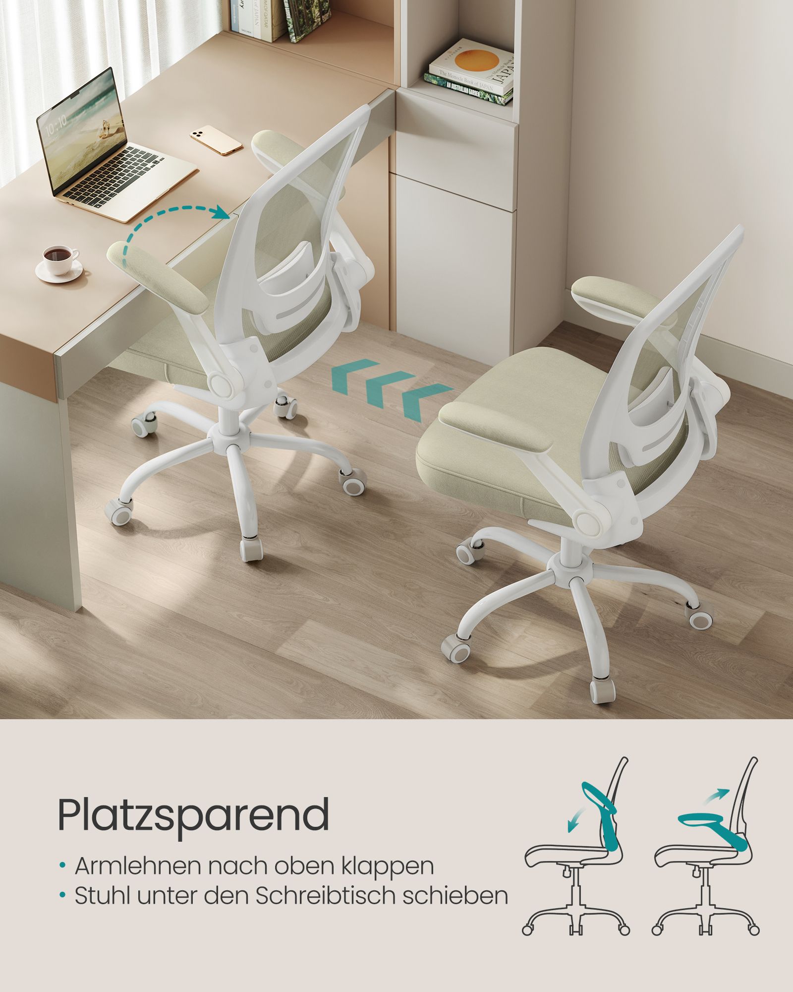 Silla de Oficina, Silla de Escritorio de Malla, Silla de Ordenador Ergonómica, Soporte Lumbar, Oscilante, Anchura de Asiento 53 cm, Apoyabrazos Abatibles, Beige Avena - Image 3