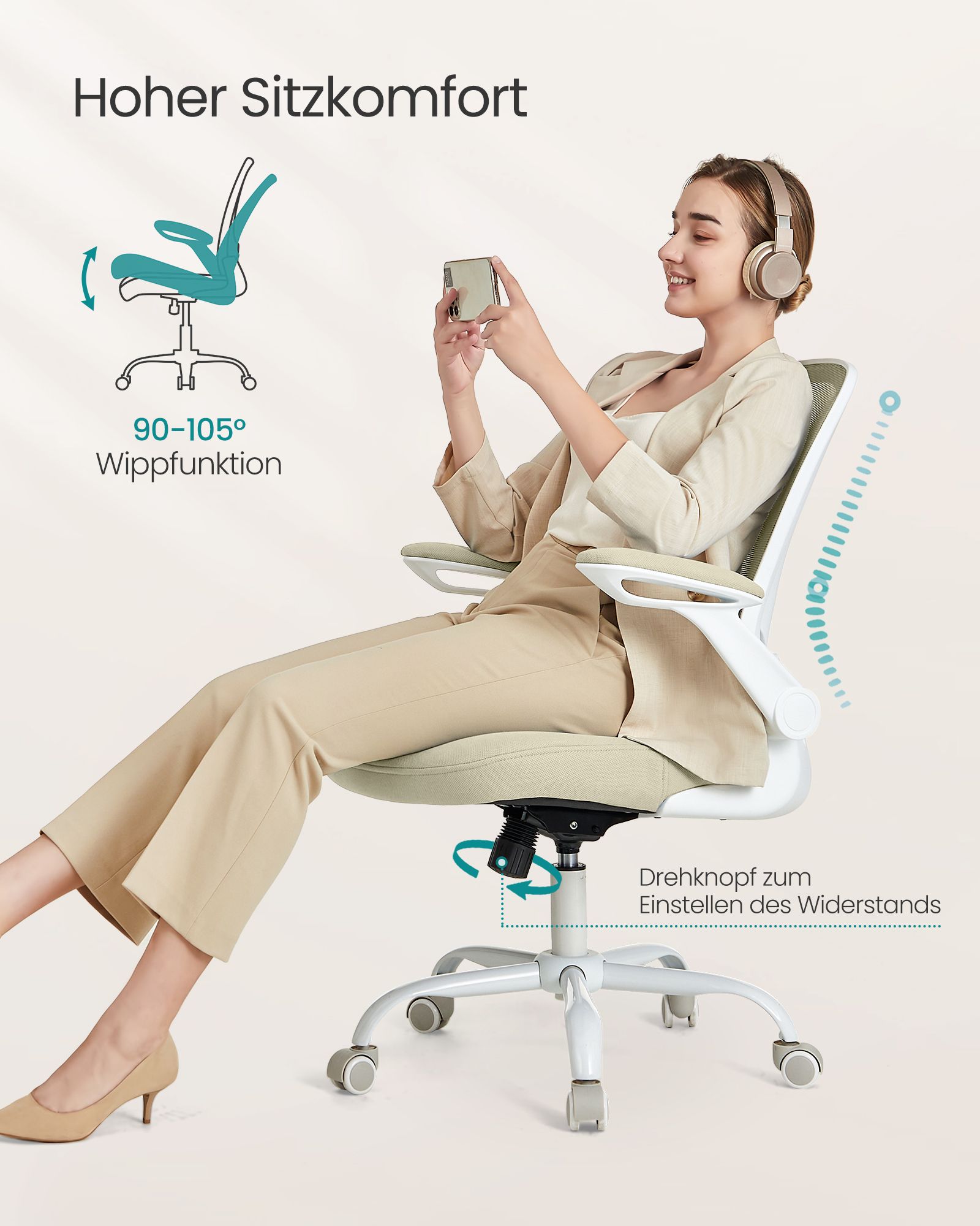 Silla de Oficina, Silla de Escritorio de Malla, Silla de Ordenador Ergonómica, Soporte Lumbar, Oscilante, Anchura de Asiento 53 cm, Apoyabrazos Abatibles, Beige Avena - Image 4