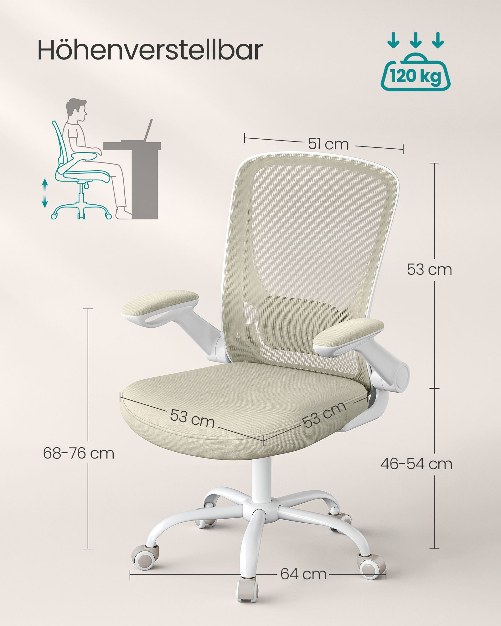 Silla de Oficina, Silla de Escritorio de Malla, Silla de Ordenador Ergonómica, Soporte Lumbar, Oscilante, Anchura de Asiento 53 cm, Apoyabrazos Abatibles, Beige Avena - Image 5