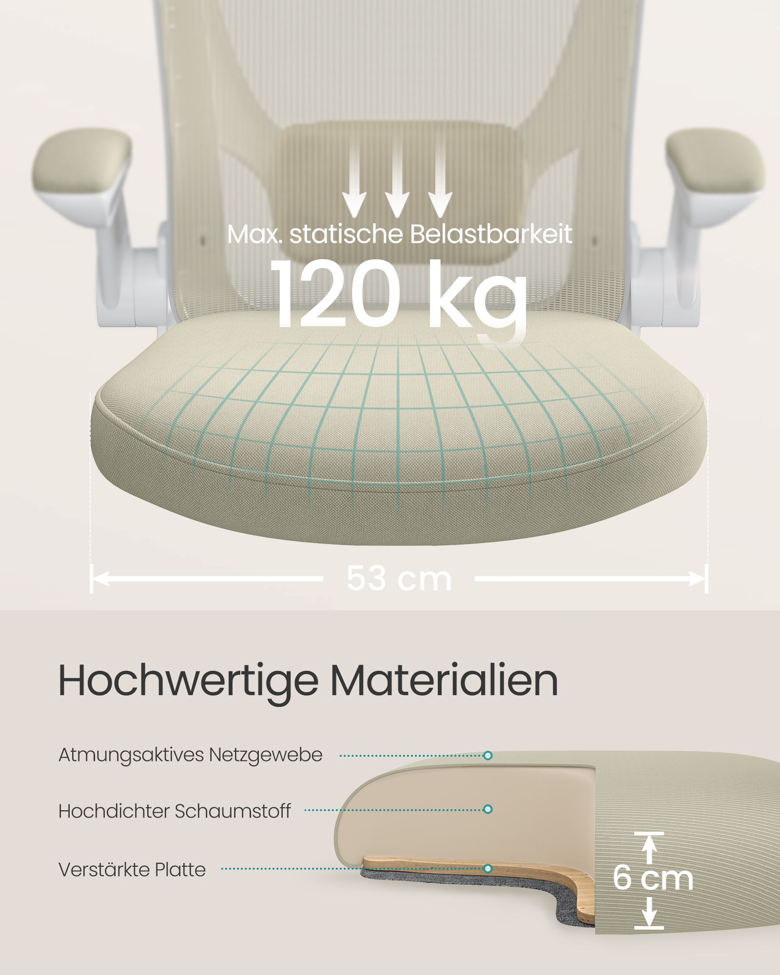 Silla de Oficina, Silla de Escritorio de Malla, Silla de Ordenador Ergonómica, Soporte Lumbar, Oscilante, Anchura de Asiento 53 cm, Apoyabrazos Abatibles, Beige Avena - Image 6