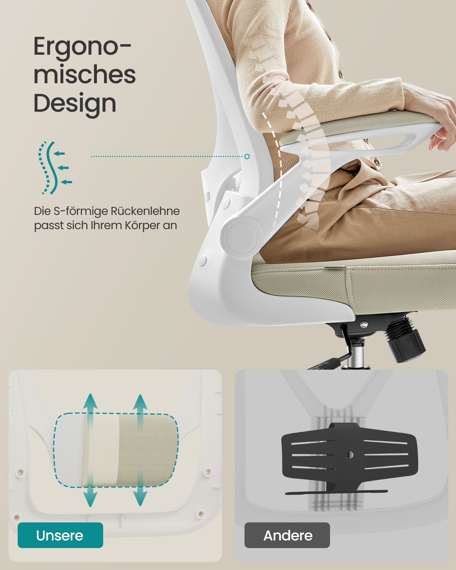 Ergonomisk kontorstol med net cappuccino beige - Billede 3