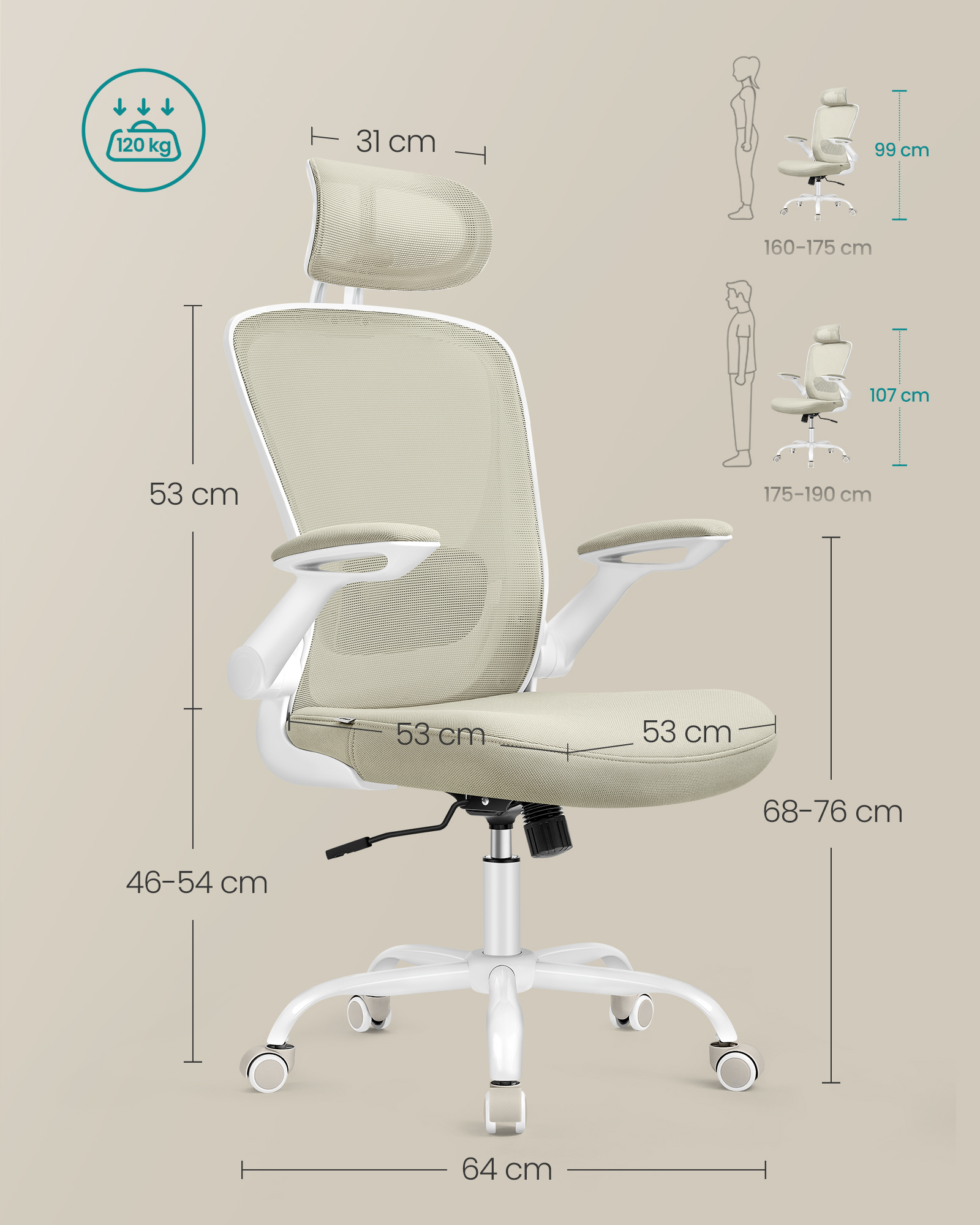 Ergonomisk kontorstol med net cappuccino beige - Billede 6