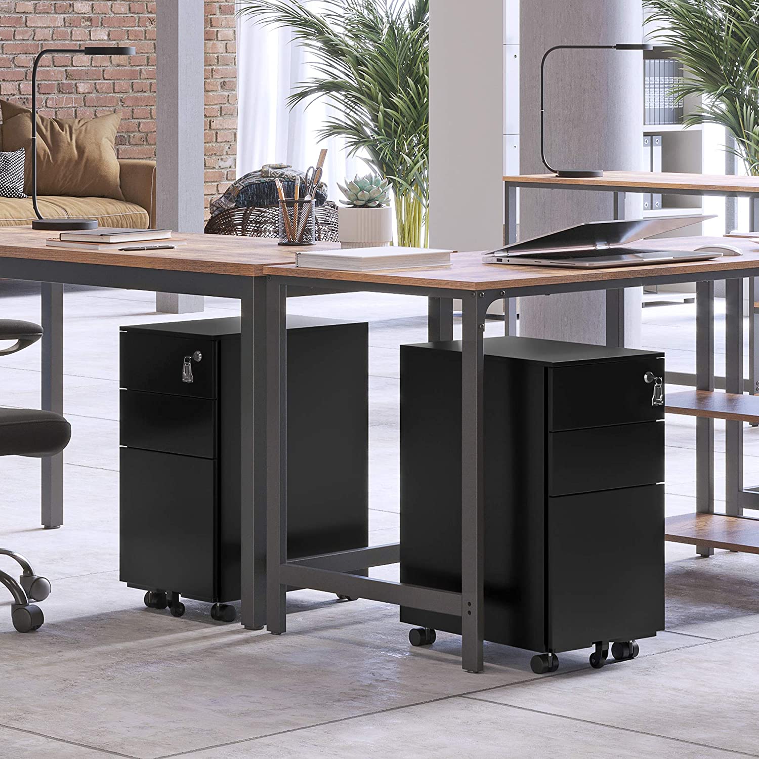 Office Filing Cabinet Mobile Storage Cabinet with Wheels and Lock for Documents and Suspension File with 3 Drawers Black OFC031B01 - Image 2