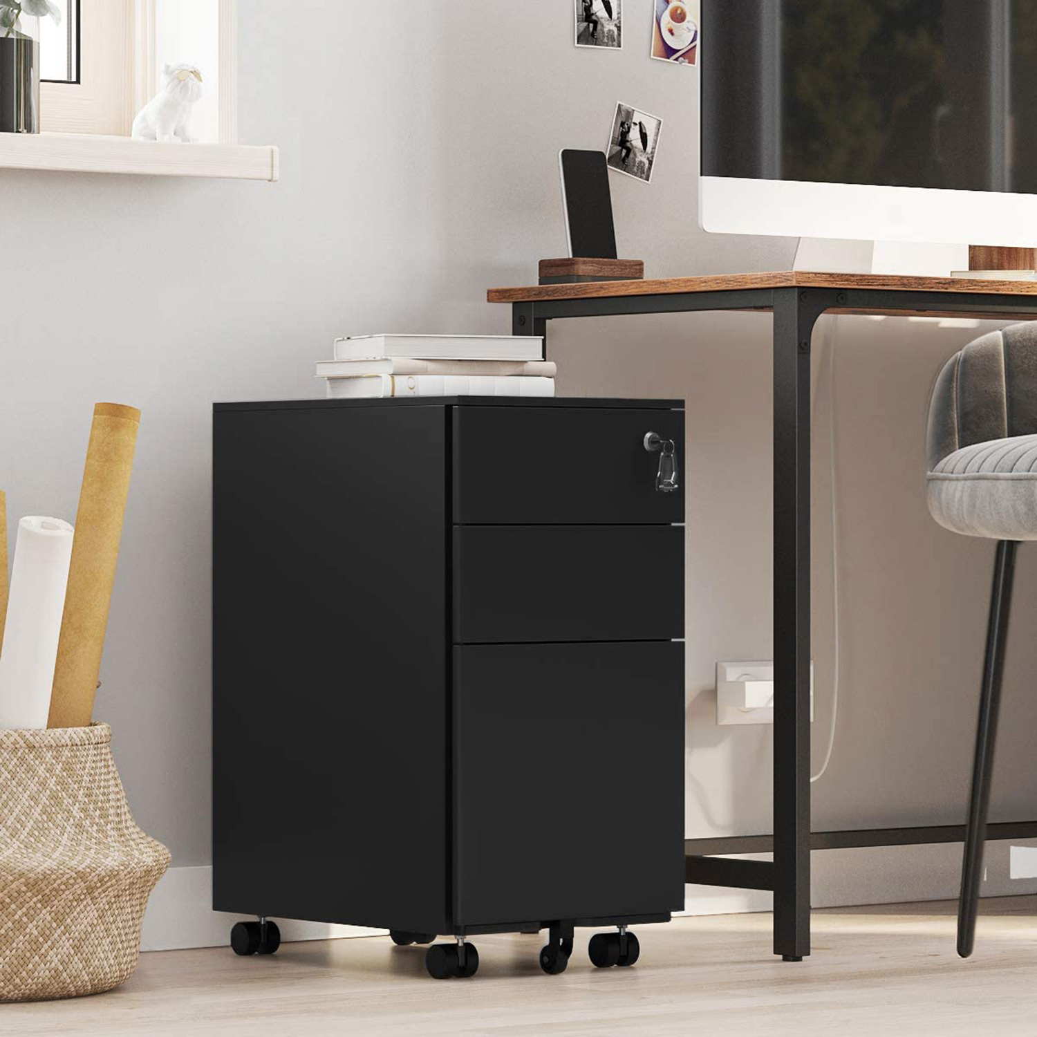 Office Filing Cabinet Mobile Storage Cabinet with Wheels and Lock for Documents and Suspension File with 3 Drawers Black OFC031B01 - Image 3