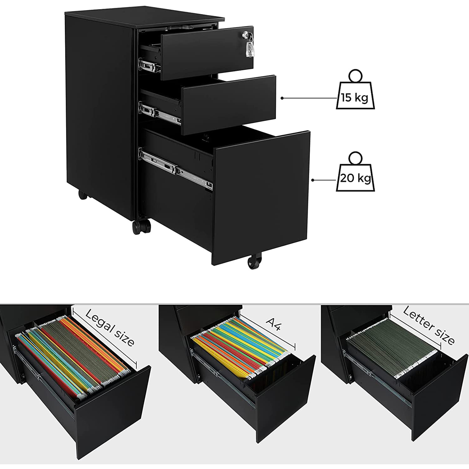 Office Filing Cabinet Mobile Storage Cabinet with Wheels and Lock for Documents and Suspension File with 3 Drawers Black OFC031B01 - Image 4