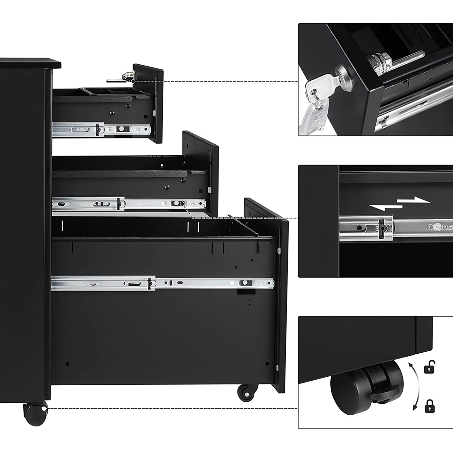 Office Filing Cabinet Mobile Storage Cabinet with Wheels and Lock for Documents and Suspension File with 3 Drawers Black OFC031B01 - Image 5