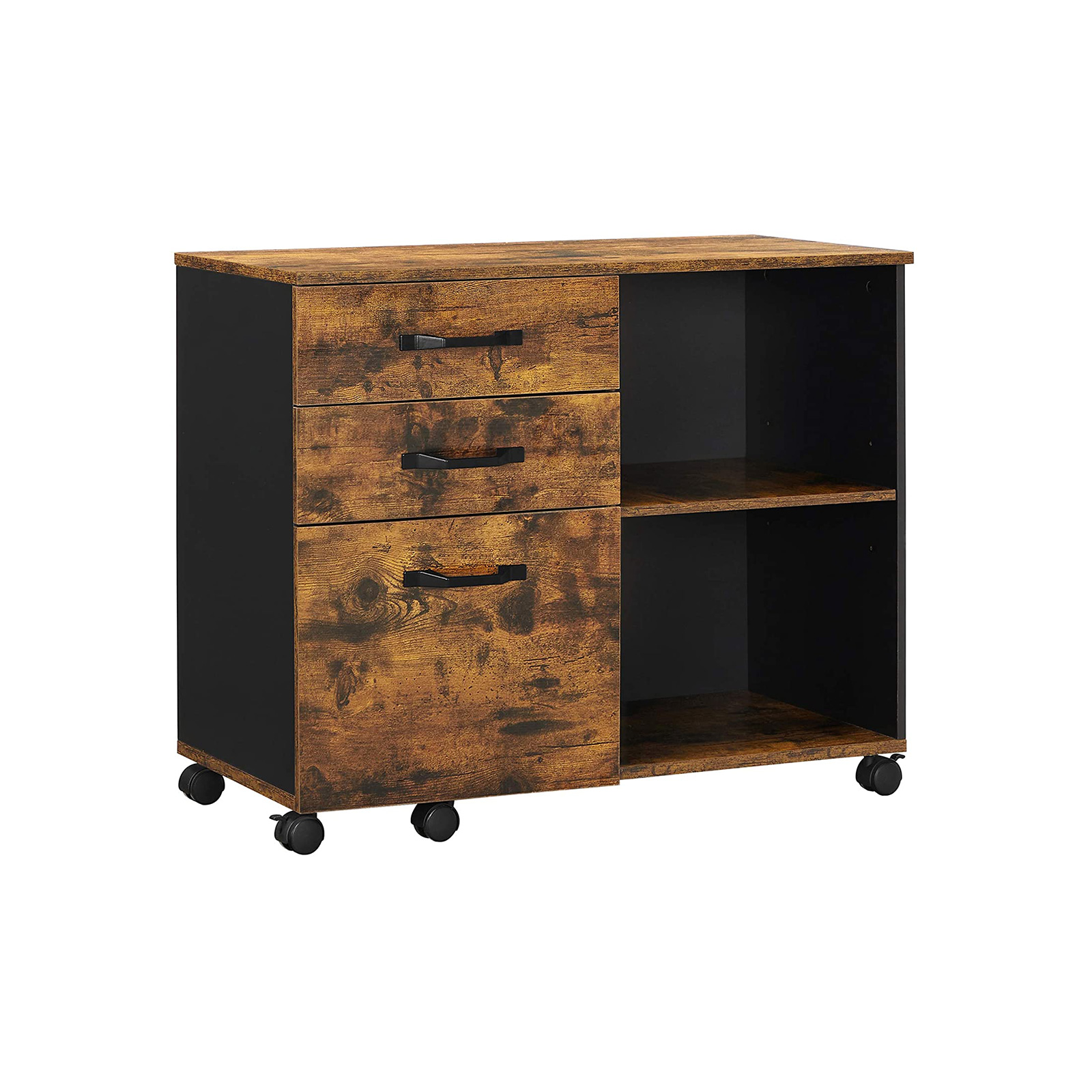 3-Drawer File Cabinet, Mobile Lateral Filing Cabinet with Open Compartments, for A4, Letter Sized Documents, Printer Stand, Industrial, Rustic Brown and Black