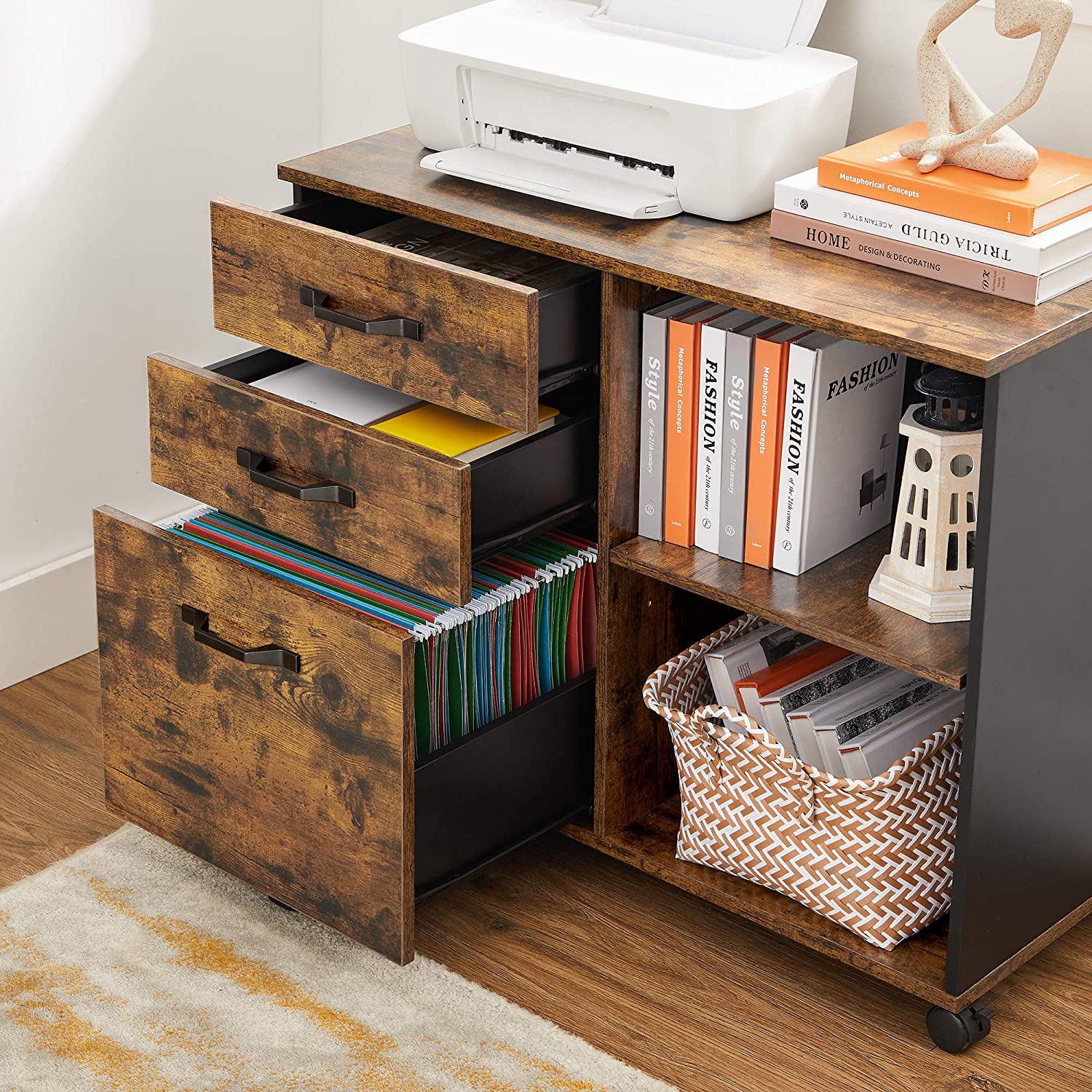 3-Drawer File Cabinet, Mobile Lateral Filing Cabinet with Open Compartments, for A4, Letter Sized Documents, Printer Stand, Industrial, Rustic Brown and Black - Image 4