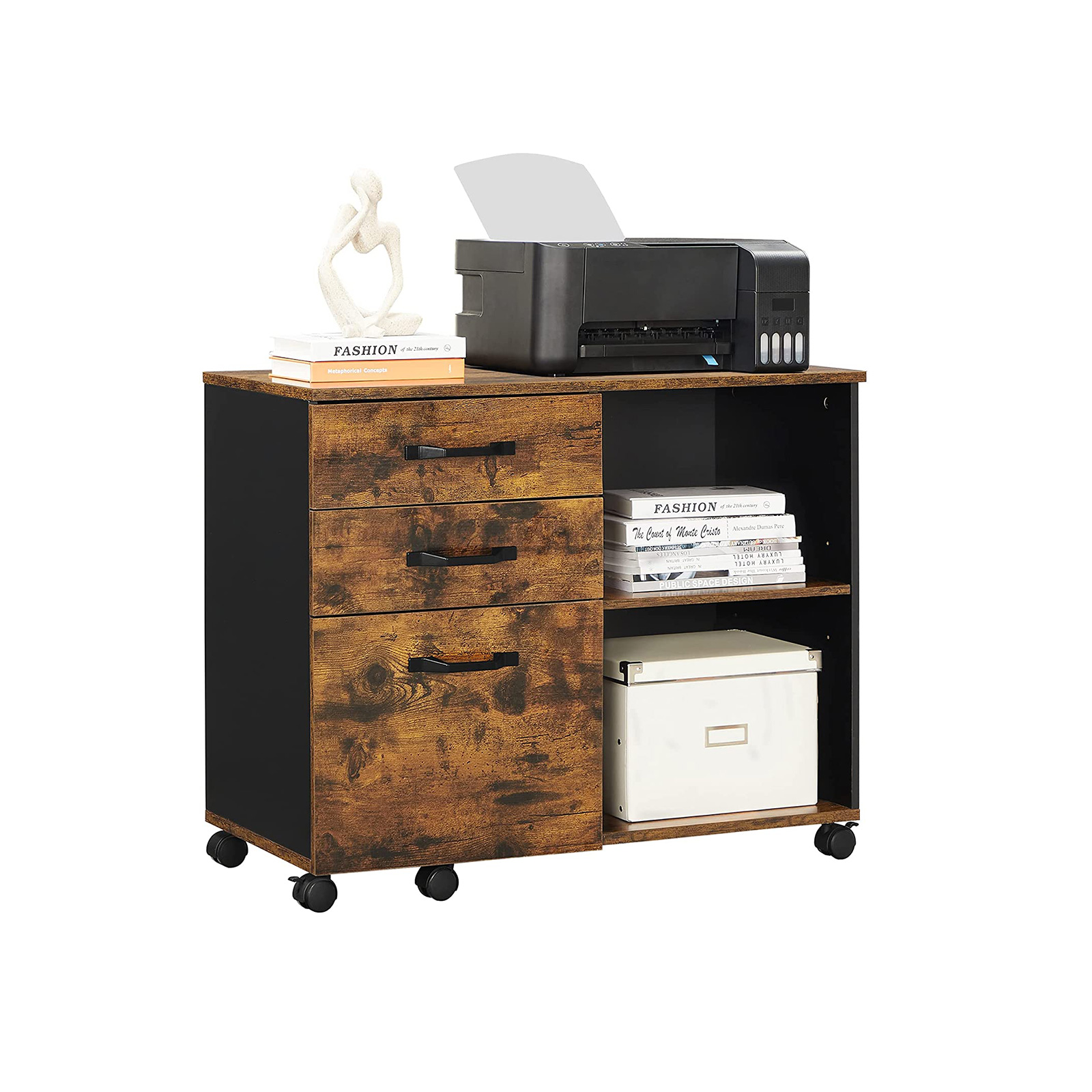 3-Drawer File Cabinet, Mobile Lateral Filing Cabinet with Open Compartments, for A4, Letter Sized Documents, Printer Stand, Industrial, Rustic Brown and Black - Image 6