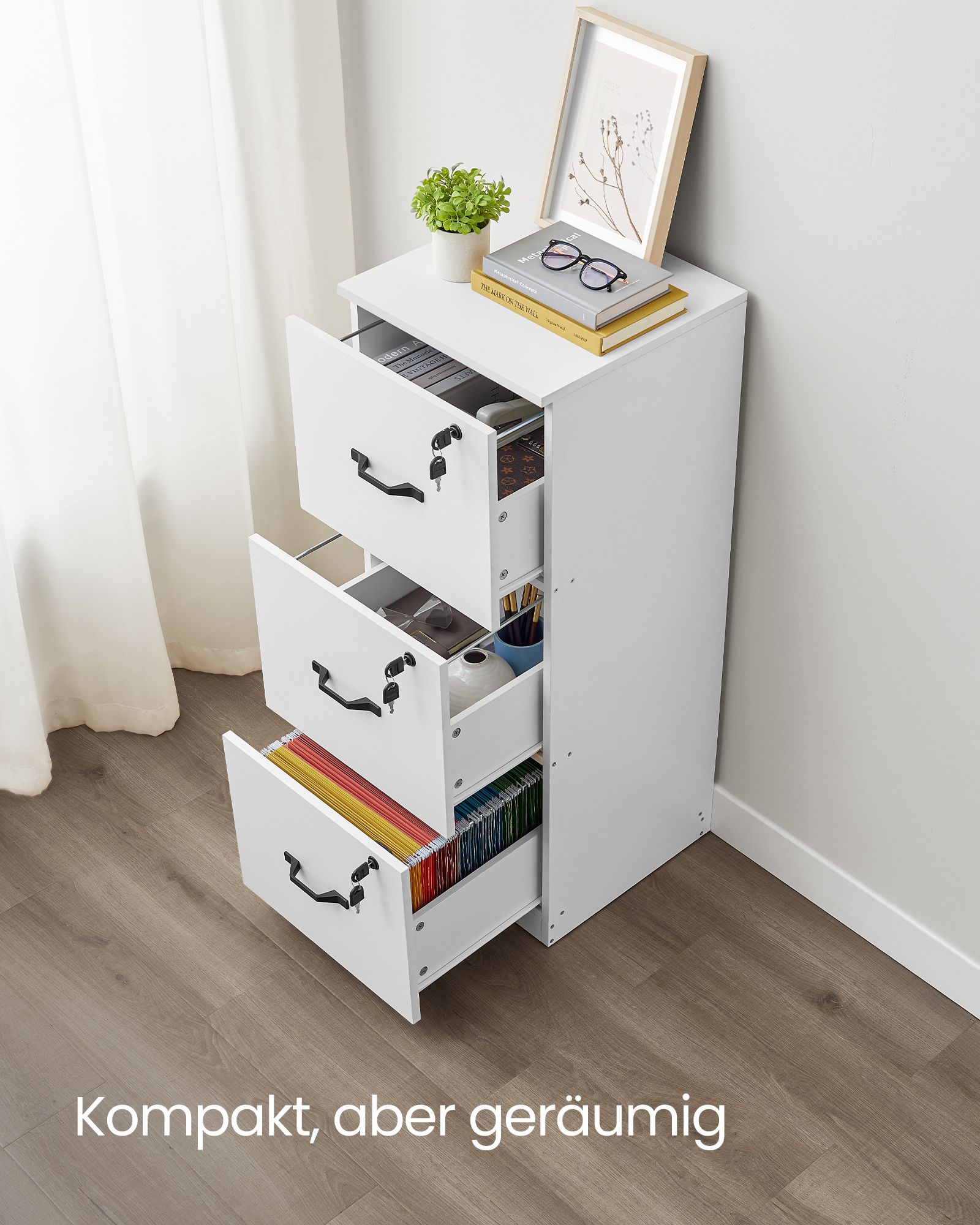3-Drawer Office Pedestal, Document Storage Unit, Printer Stand, 3 Lockable Drawers, Adjustable Hanging Rail, for A4 Files, Cloud White - Image 3