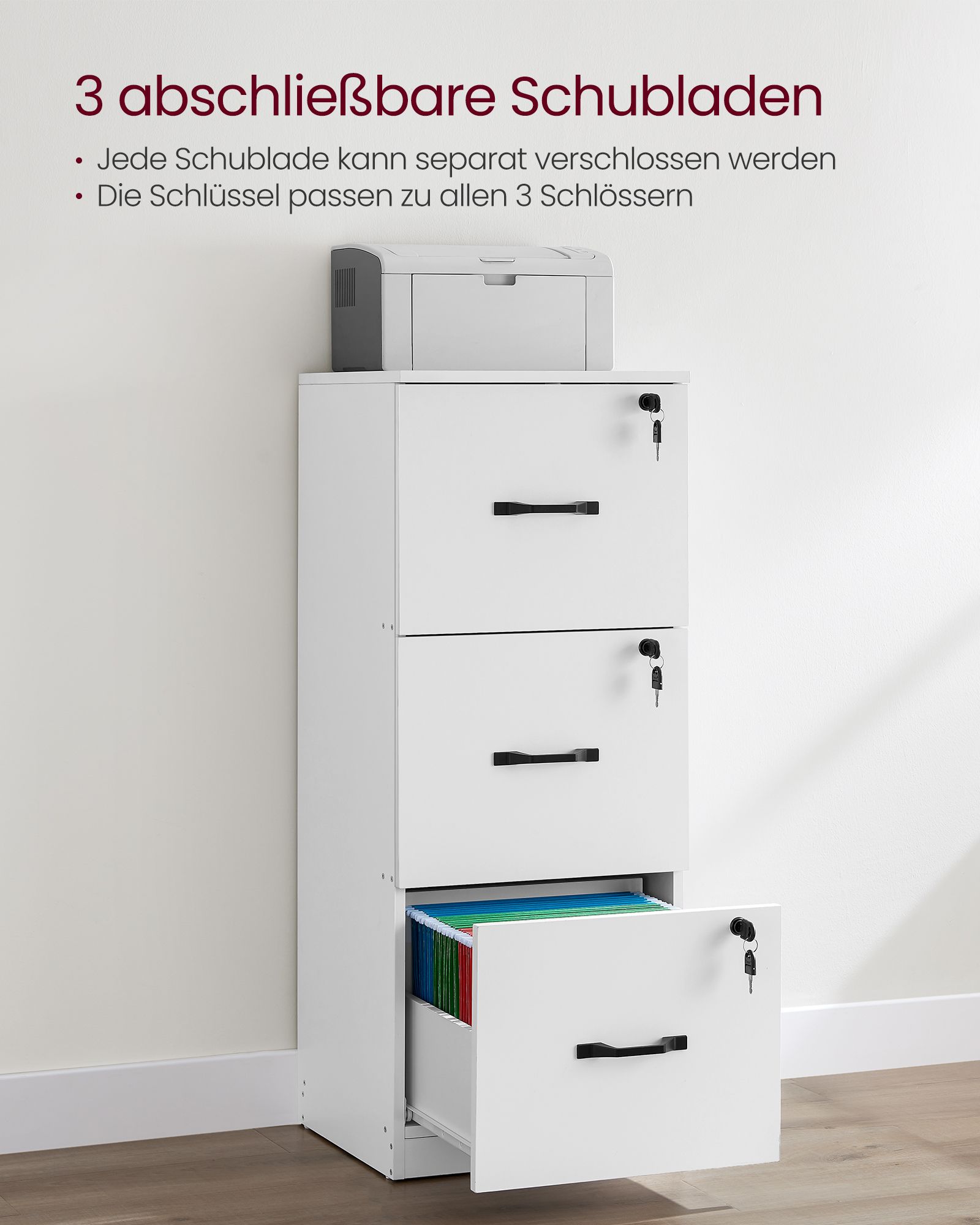 3-Drawer Office Pedestal, Document Storage Unit, Printer Stand, 3 Lockable Drawers, Adjustable Hanging Rail, for A4 Files, Cloud White - Image 5