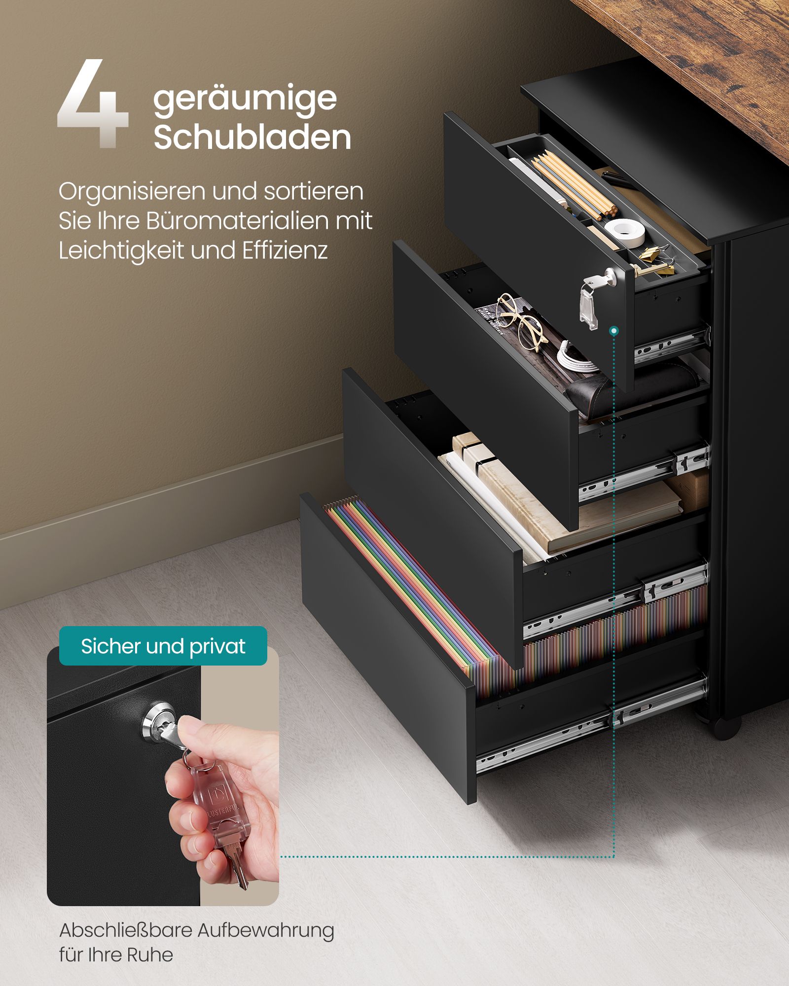 Mobile pedestal with 4 drawers and wheels ink black - Image 3