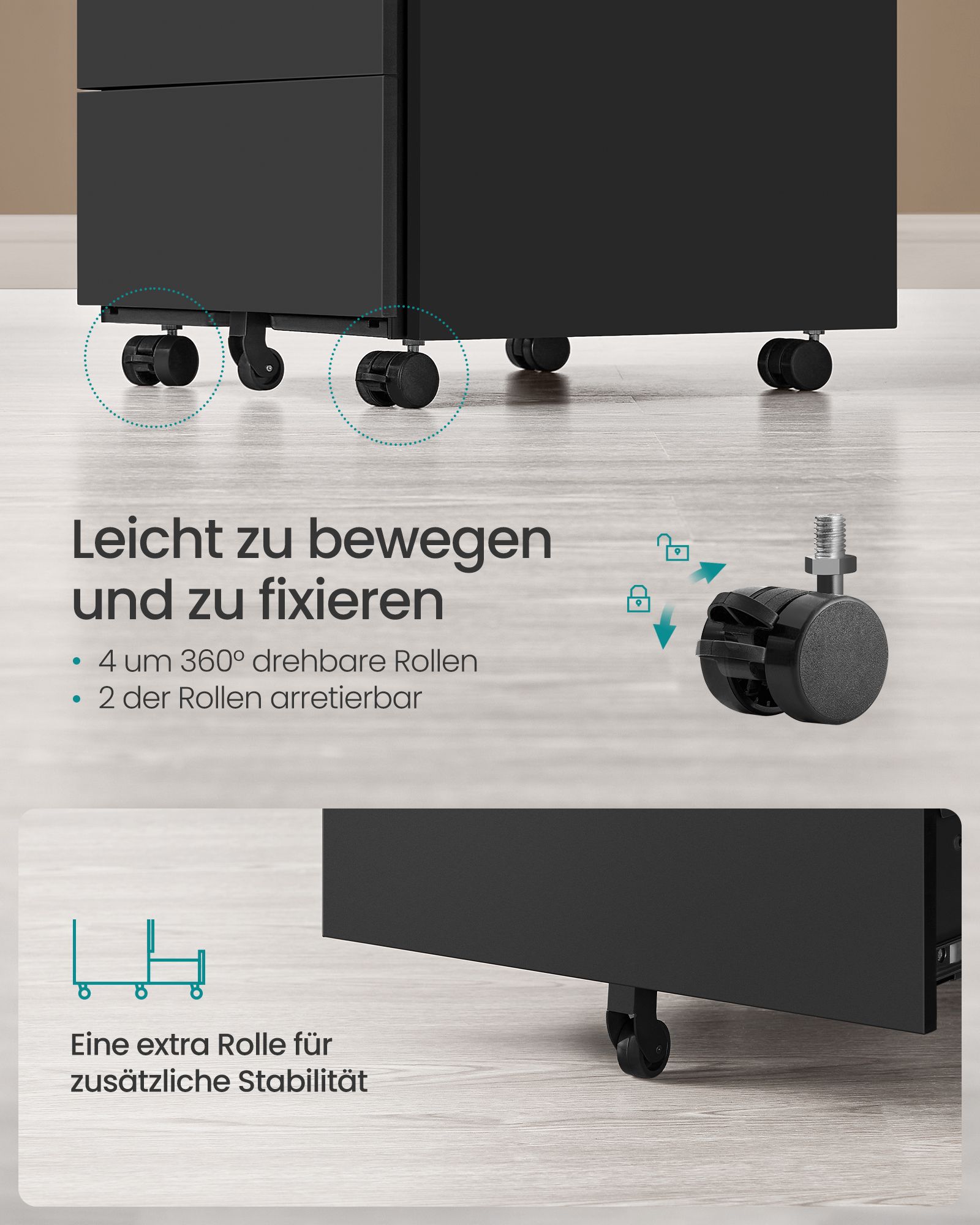 Mobile pedestal with 4 drawers and wheels ink black - Image 4