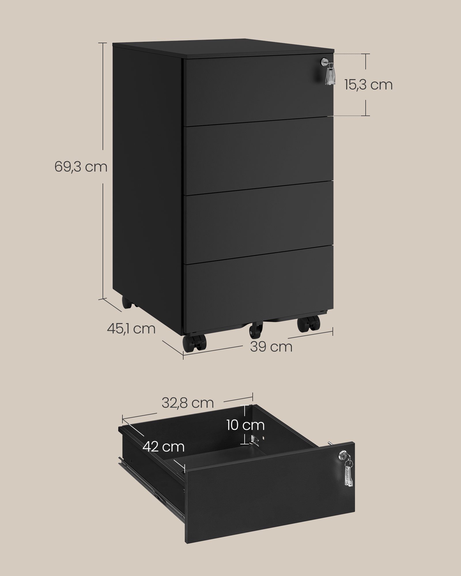 Mobile pedestal with 4 drawers and wheels ink black - Image 5