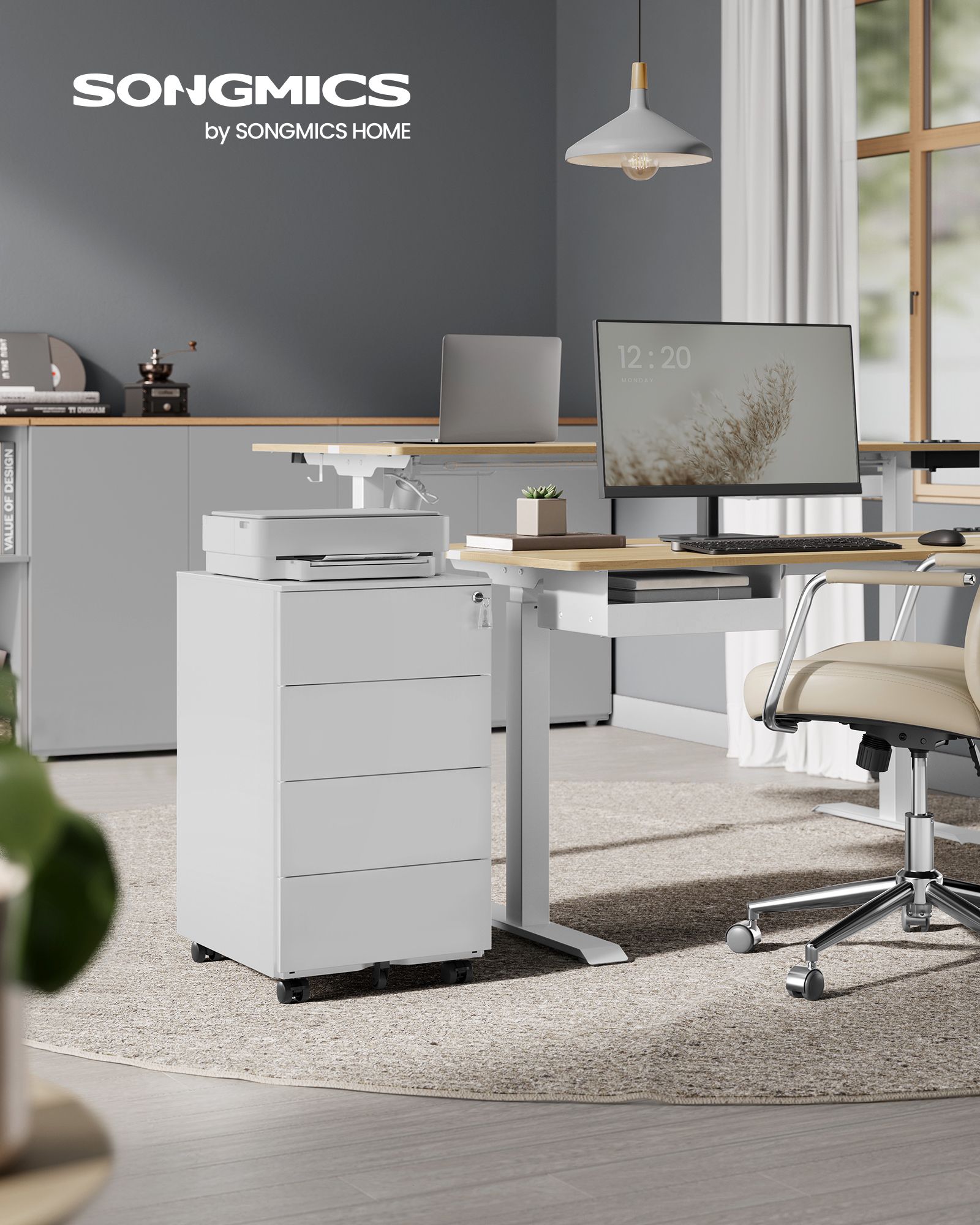 Mobile File Cabinet, Lockable, with 4 Drawers, Hold Documents, Stationery, Pre-Assembled, for Office, Home Office, 39 x 45 x 69.3 cm, Cloud White - Image 2