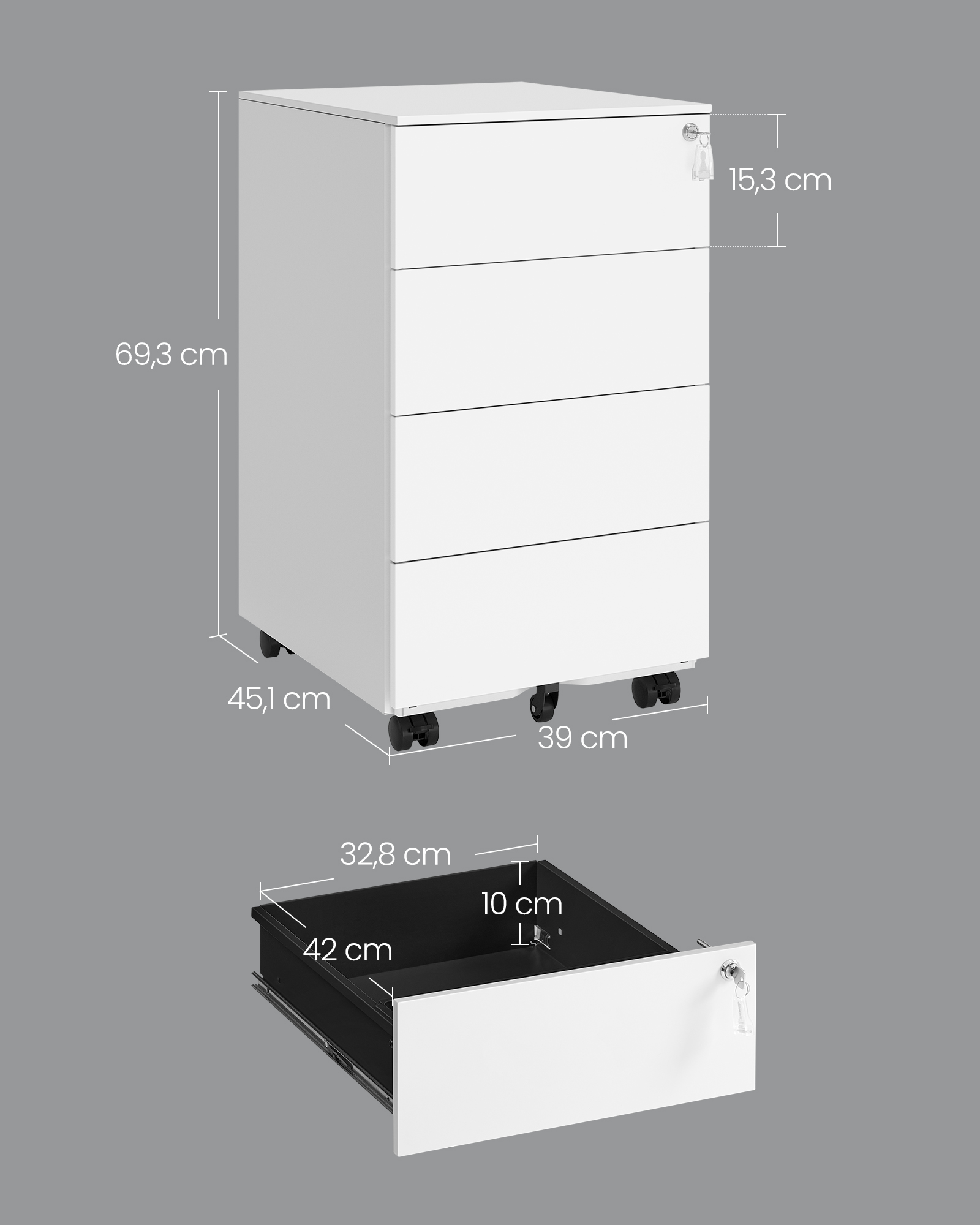 Mobile File Cabinet, Lockable, with 4 Drawers, Hold Documents, Stationery, Pre-Assembled, for Office, Home Office, 39 x 45 x 69.3 cm, Cloud White - Image 5