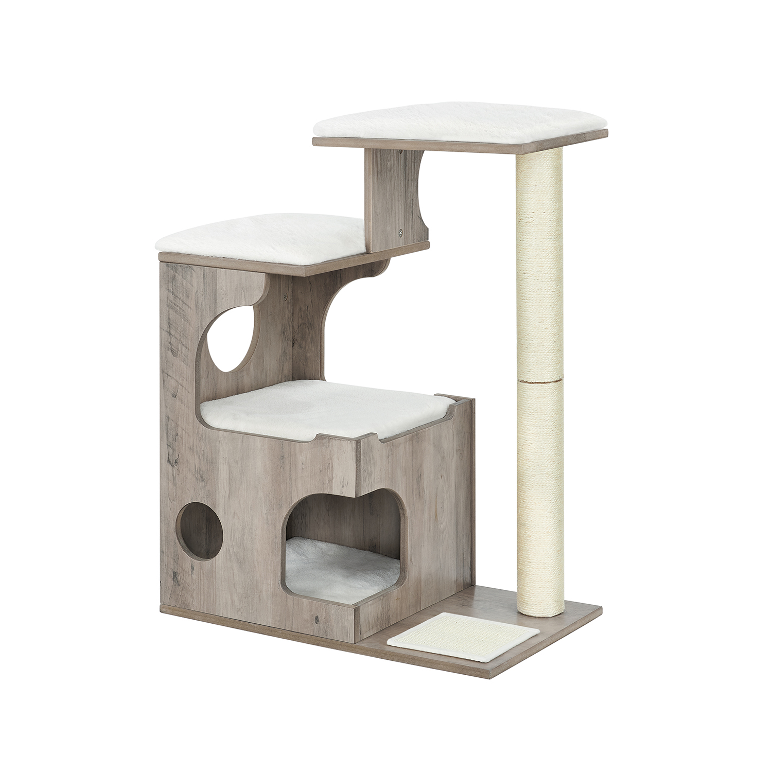 PCT070G01 Kratestolpe til katte 86 cm Mellemstor kratestolpe til katte med 3 liggepladser og hule, kattetræ lavet af MDF med træfiner, sisalstamme, vaskbare plys puder, gråhvid