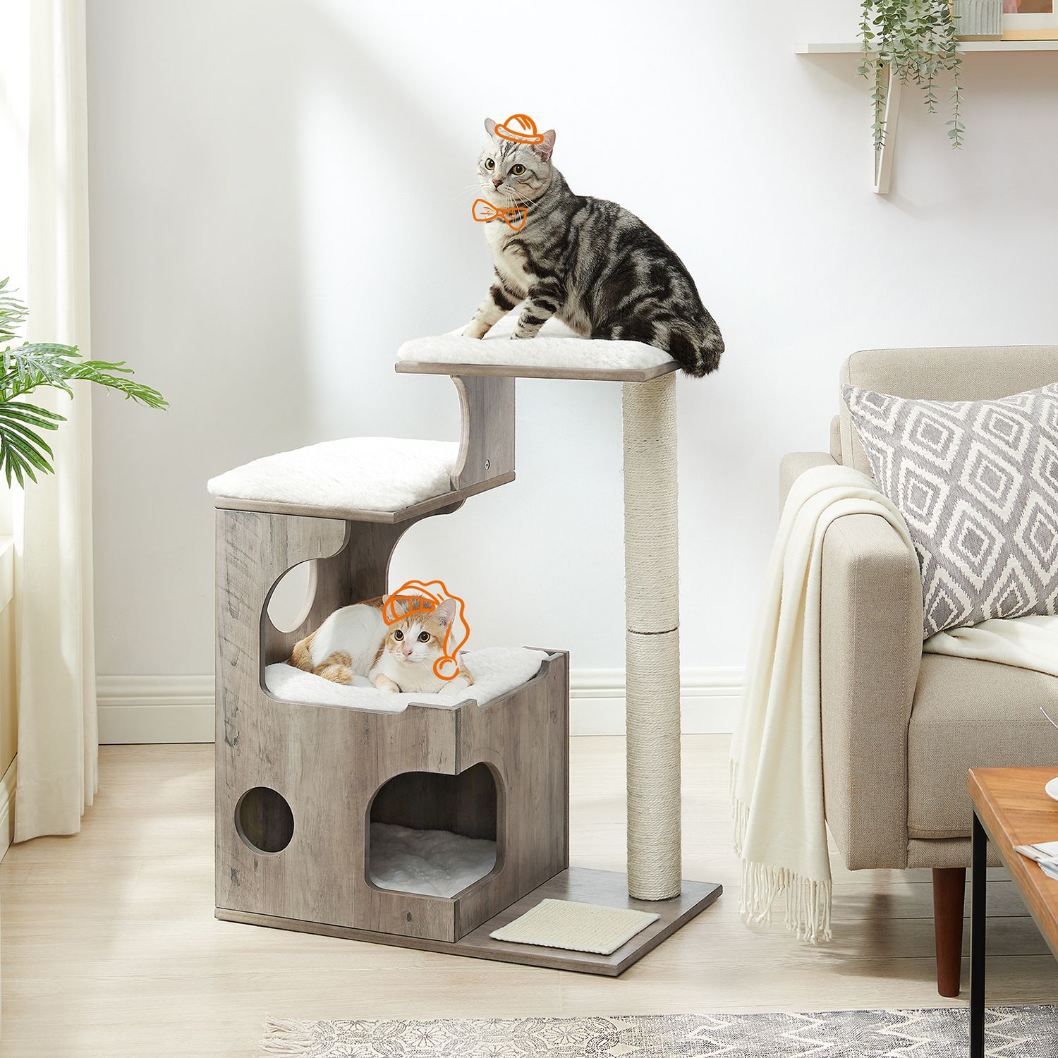 PCT070G01 Kratestolpe til katte 86 cm Mellemstor kratestolpe til katte med 3 liggepladser og hule, kattetræ lavet af MDF med træfiner, sisalstamme, vaskbare plys puder, gråhvid - Billede 2