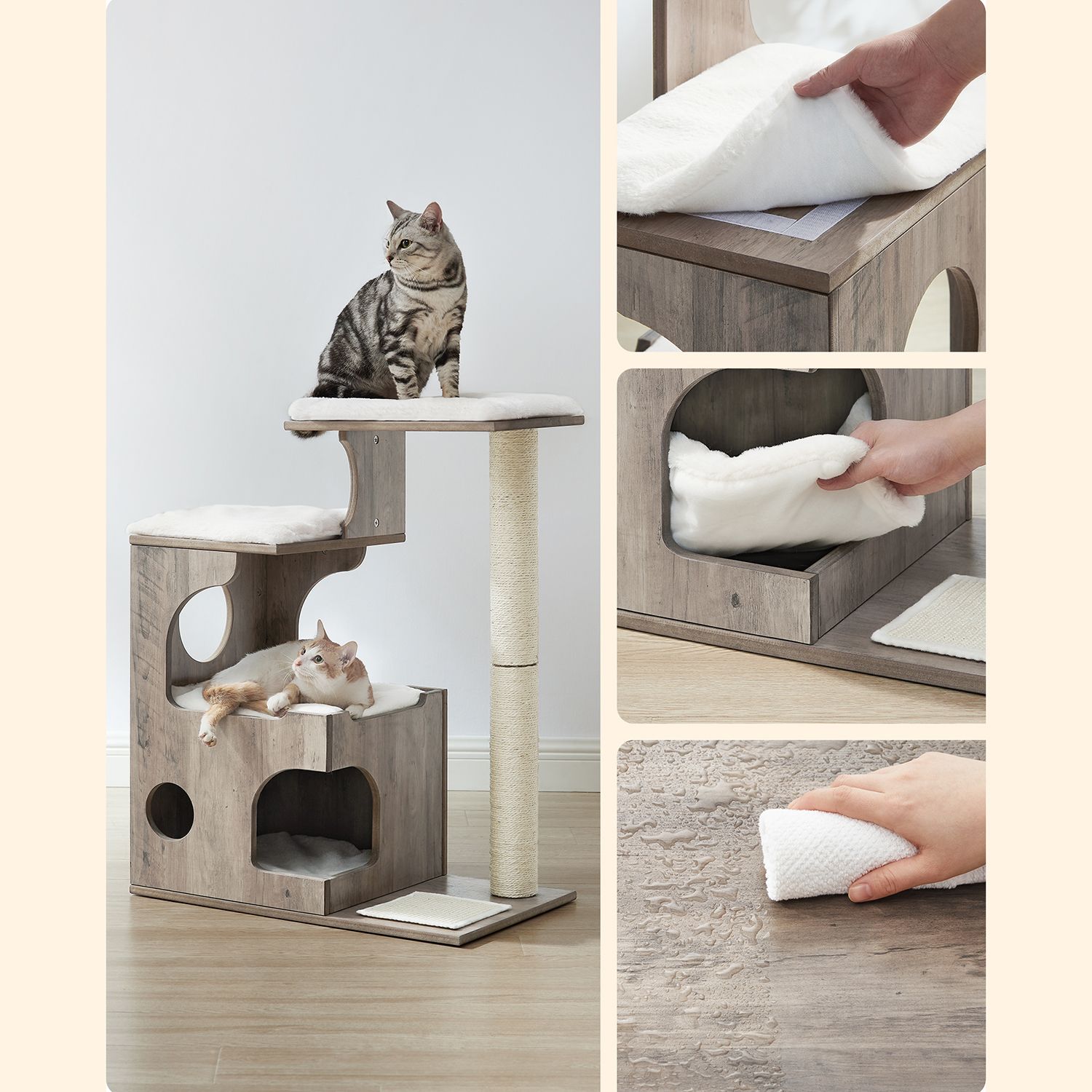 PCT070G01 Kratestolpe til katte 86 cm Mellemstor kratestolpe til katte med 3 liggepladser og hule, kattetræ lavet af MDF med træfiner, sisalstamme, vaskbare plys puder, gråhvid - Billede 3
