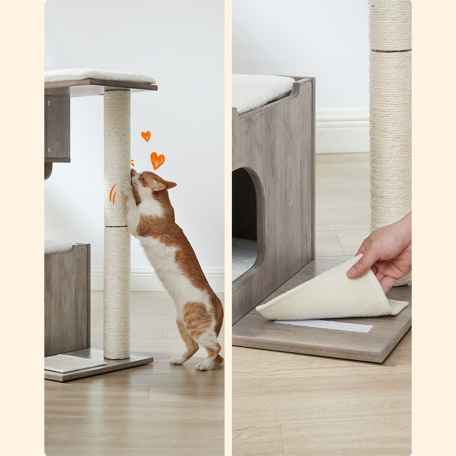 PCT070G01 Kratestolpe til katte 86 cm Mellemstor kratestolpe til katte med 3 liggepladser og hule, kattetræ lavet af MDF med træfiner, sisalstamme, vaskbare plys puder, gråhvid - Billede 5
