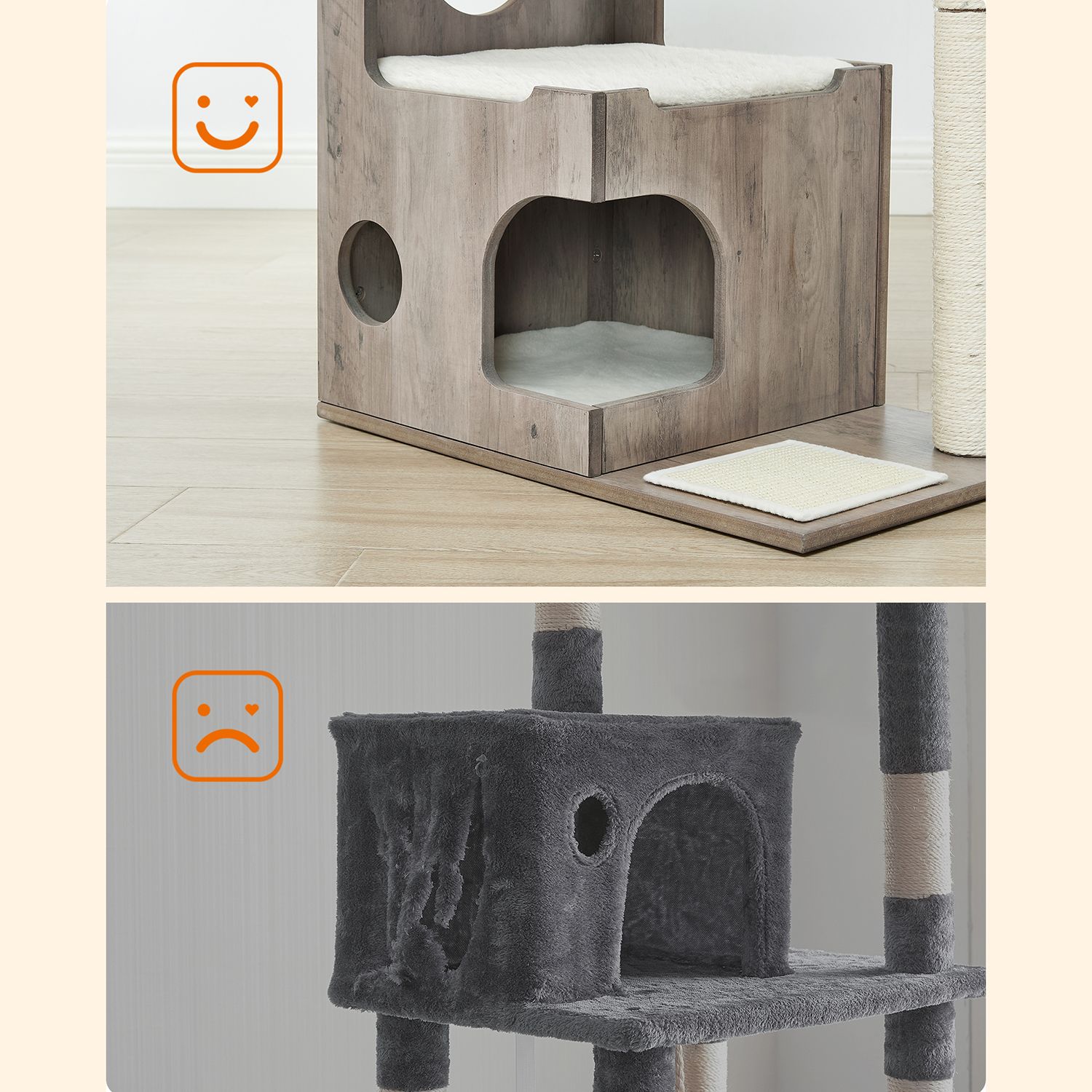 PCT070G01 Kratestolpe til katte 86 cm Mellemstor kratestolpe til katte med 3 liggepladser og hule, kattetræ lavet af MDF med træfiner, sisalstamme, vaskbare plys puder, gråhvid - Billede 6