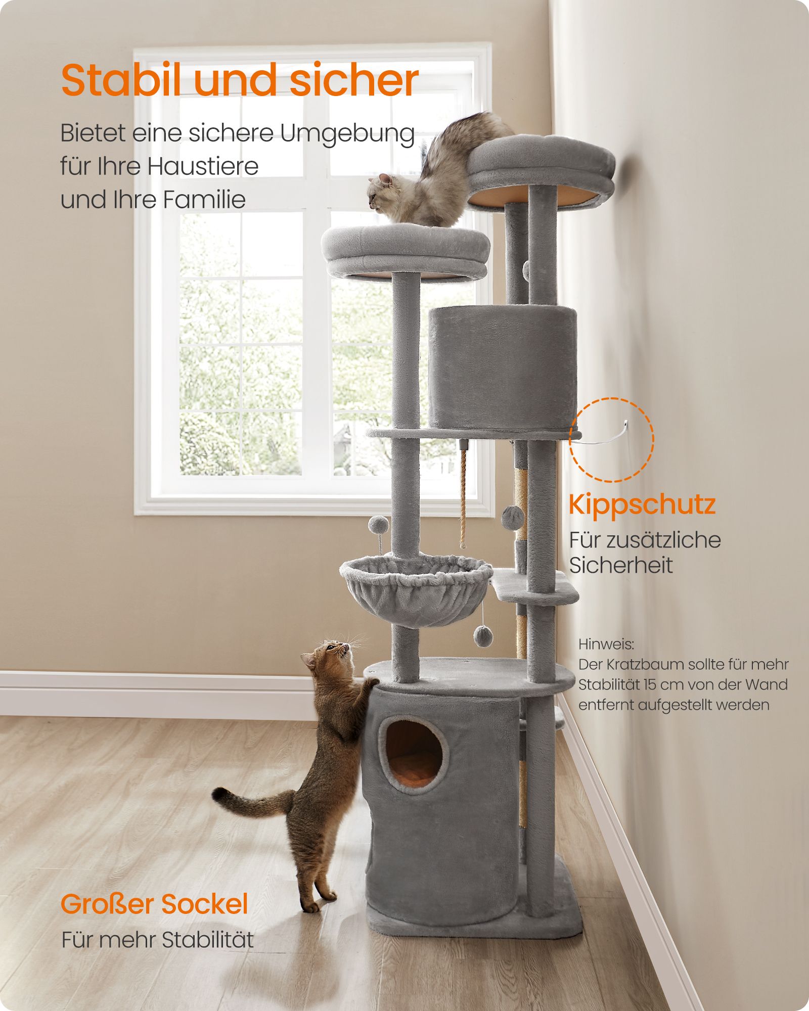 Kradsetræ large 196 cm højt med store platforme lysegrå - Billede 5