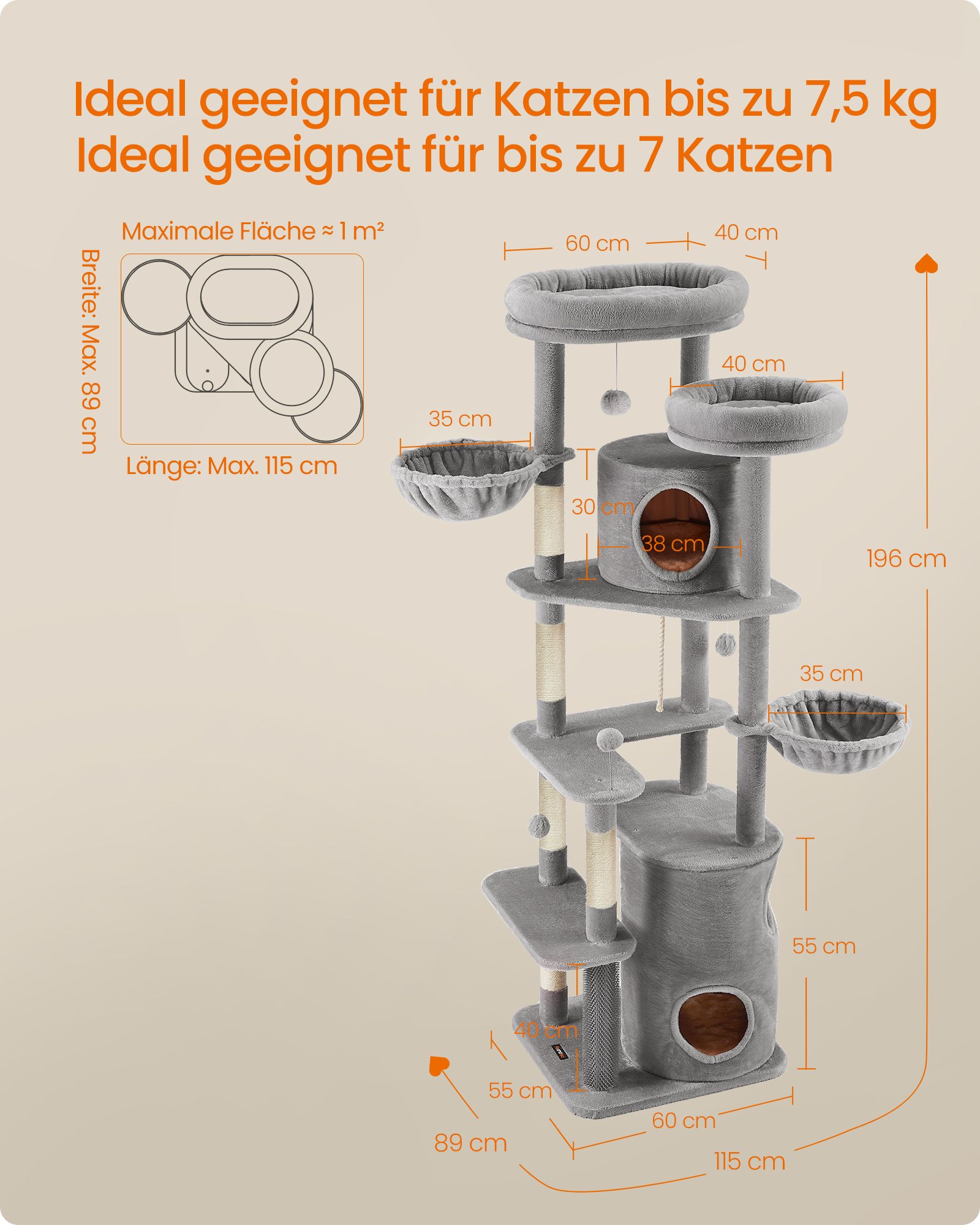 Kradsetræ large 196 cm højt med store platforme lysegrå - Billede 6